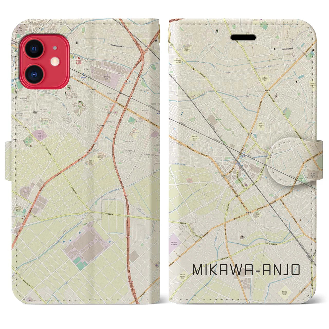 【三河安城(愛知県)】地図柄iPhoneケース(手帳タイプ)ナチュラル・iPhone 11 用