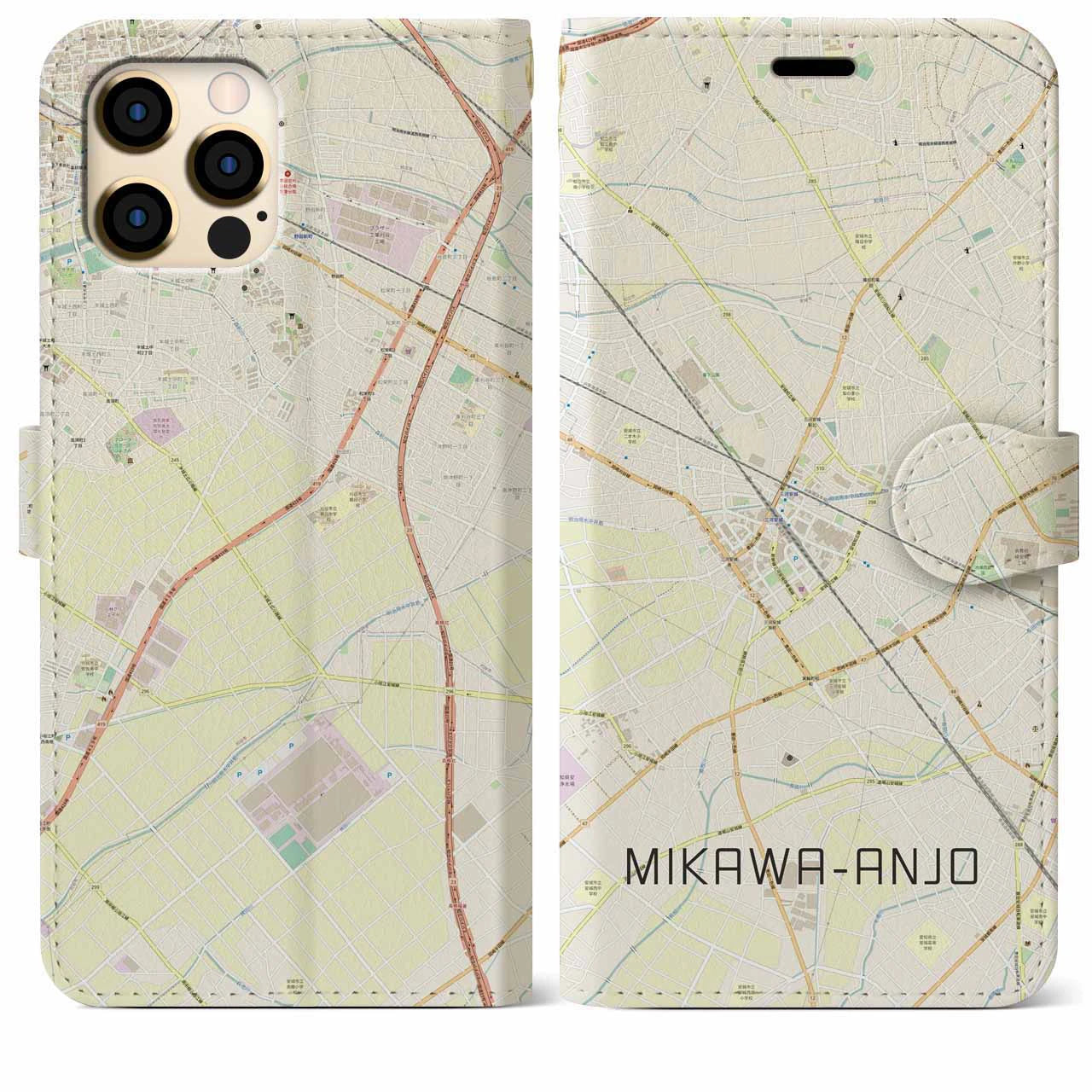 【三河安城(愛知県)】地図柄iPhoneケース(手帳タイプ)ナチュラル・iPhone 12 Pro Max 用
