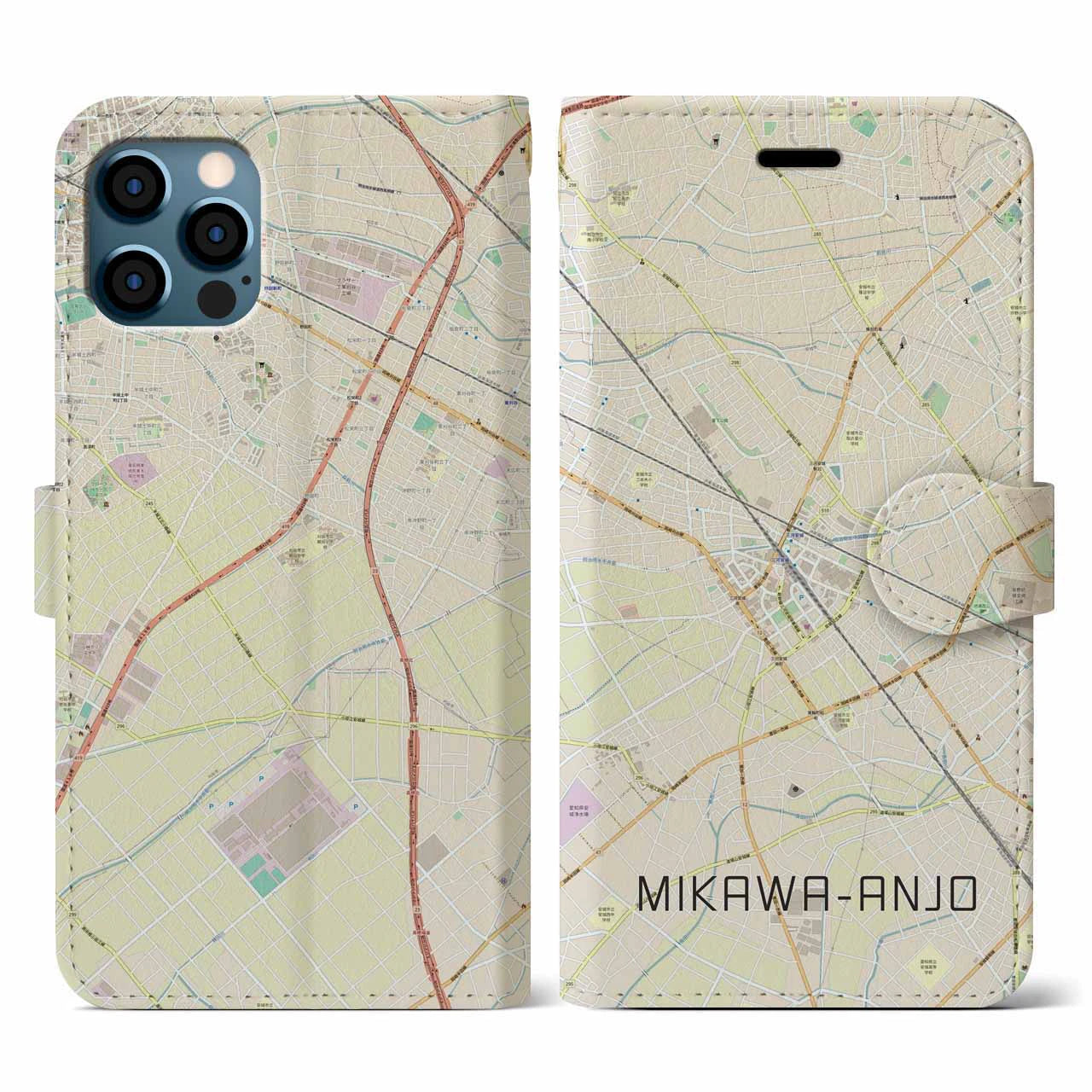 【三河安城(愛知県)】地図柄iPhoneケース(手帳タイプ)ナチュラル・iPhone 12 / 12 Pro 用
