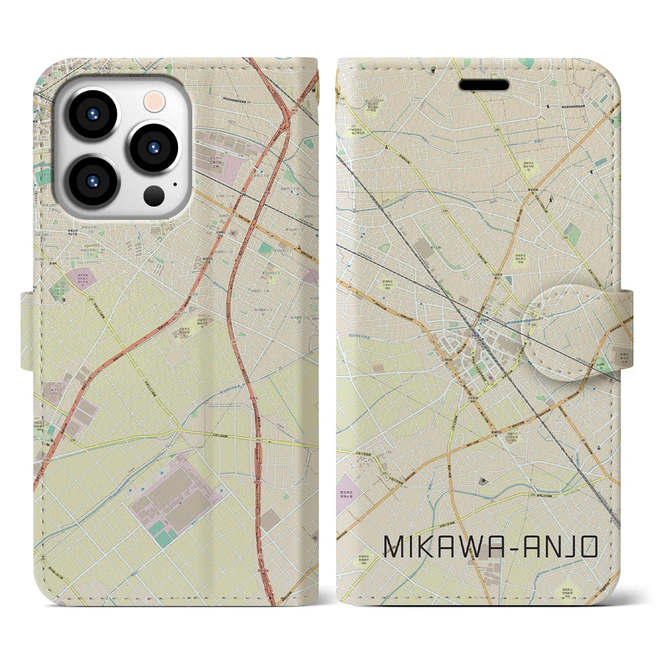 【三河安城(愛知県)】地図柄iPhoneケース(手帳タイプ)ナチュラル・iPhone 13 Pro 用