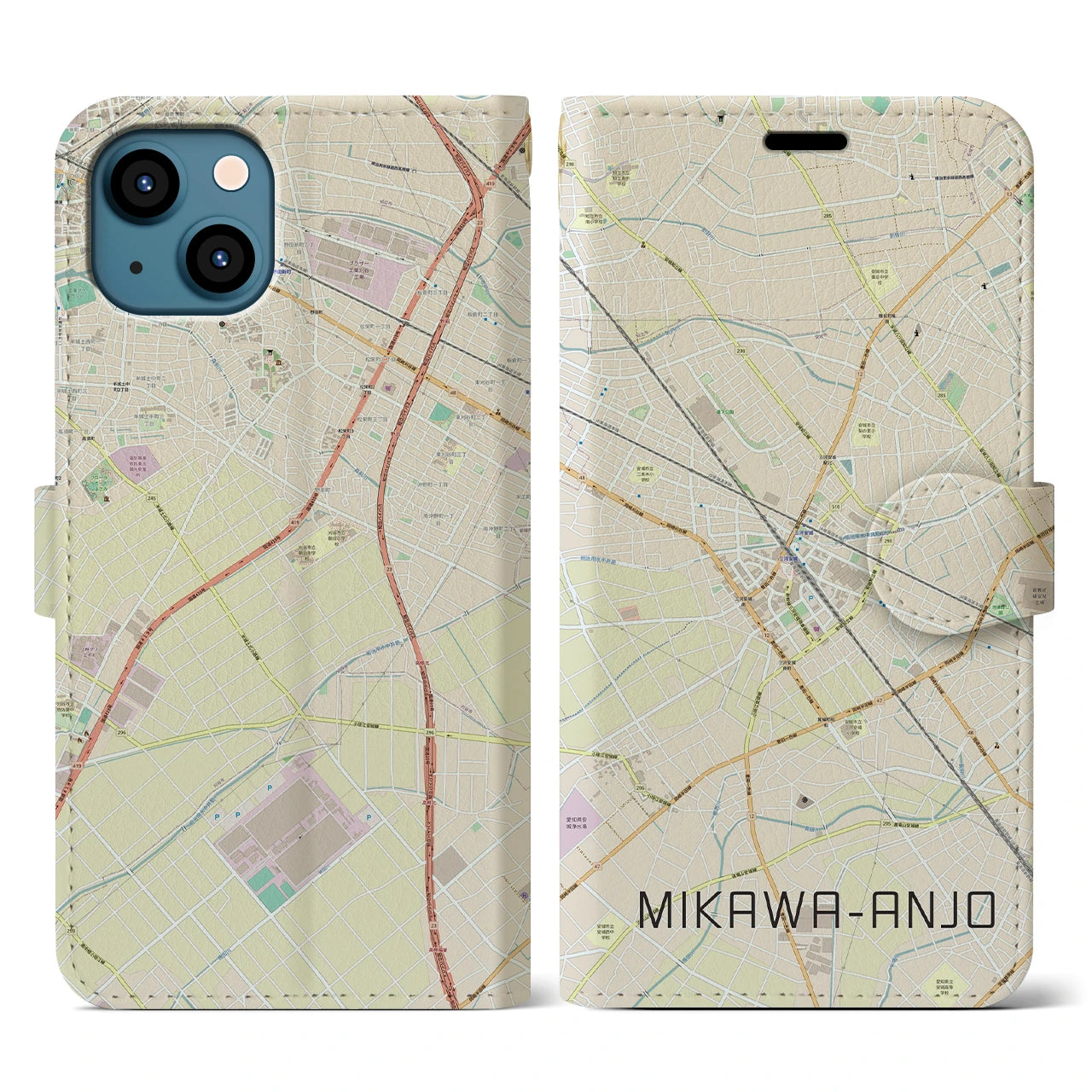 【三河安城(愛知県)】地図柄iPhoneケース(手帳タイプ)ナチュラル・iPhone 13 用