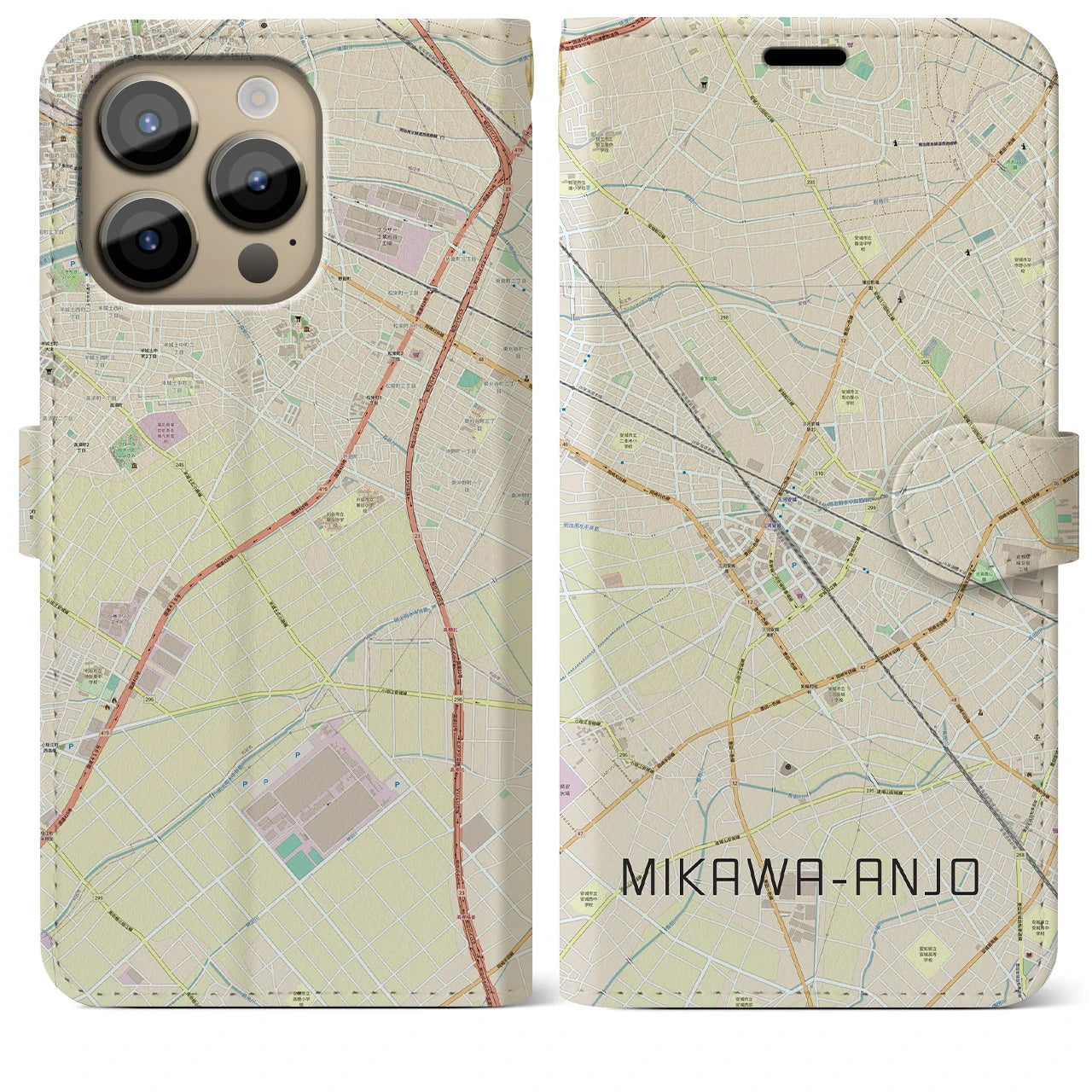 【三河安城(愛知県)】地図柄iPhoneケース(手帳タイプ)ナチュラル・iPhone 14 Pro Max 用
