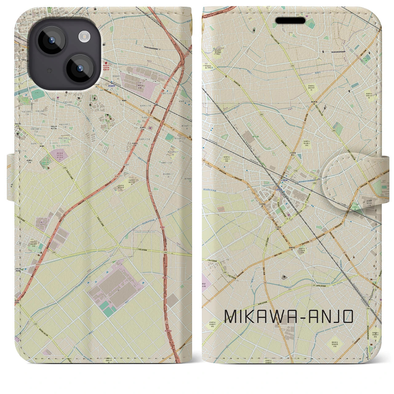 【三河安城(愛知県)】地図柄iPhoneケース(手帳タイプ)ナチュラル・iPhone 14 Plus 用