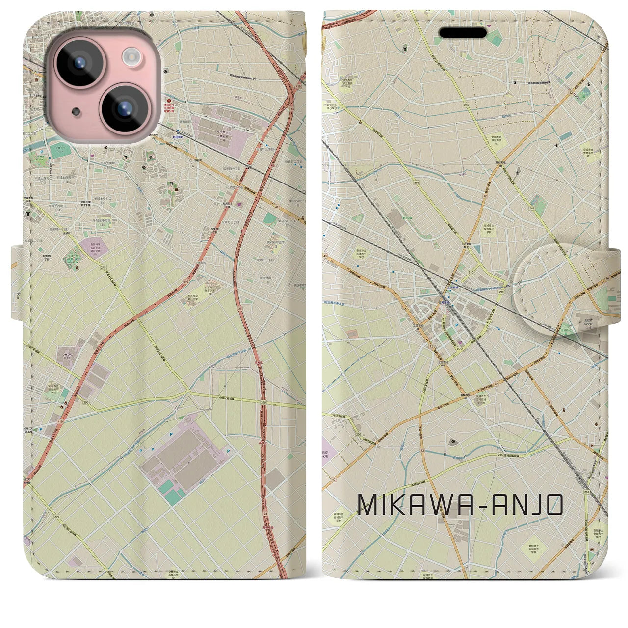 【三河安城(愛知県)】地図柄iPhoneケース(手帳タイプ)ナチュラル・iPhone 15 Plus 用