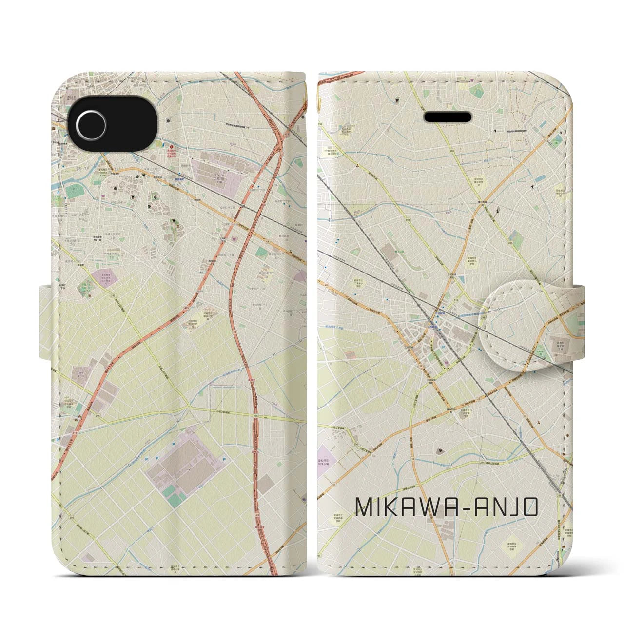 【三河安城(愛知県)】地図柄iPhoneケース(手帳タイプ)ナチュラル・iPhone SE(第3 / 第2世代) / 8 / 7 / 6s / 6 用