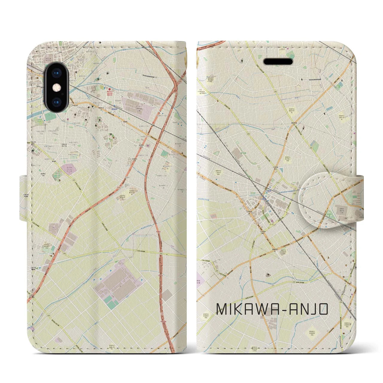 【三河安城(愛知県)】地図柄iPhoneケース(手帳タイプ)ナチュラル・iPhone XS / X 用