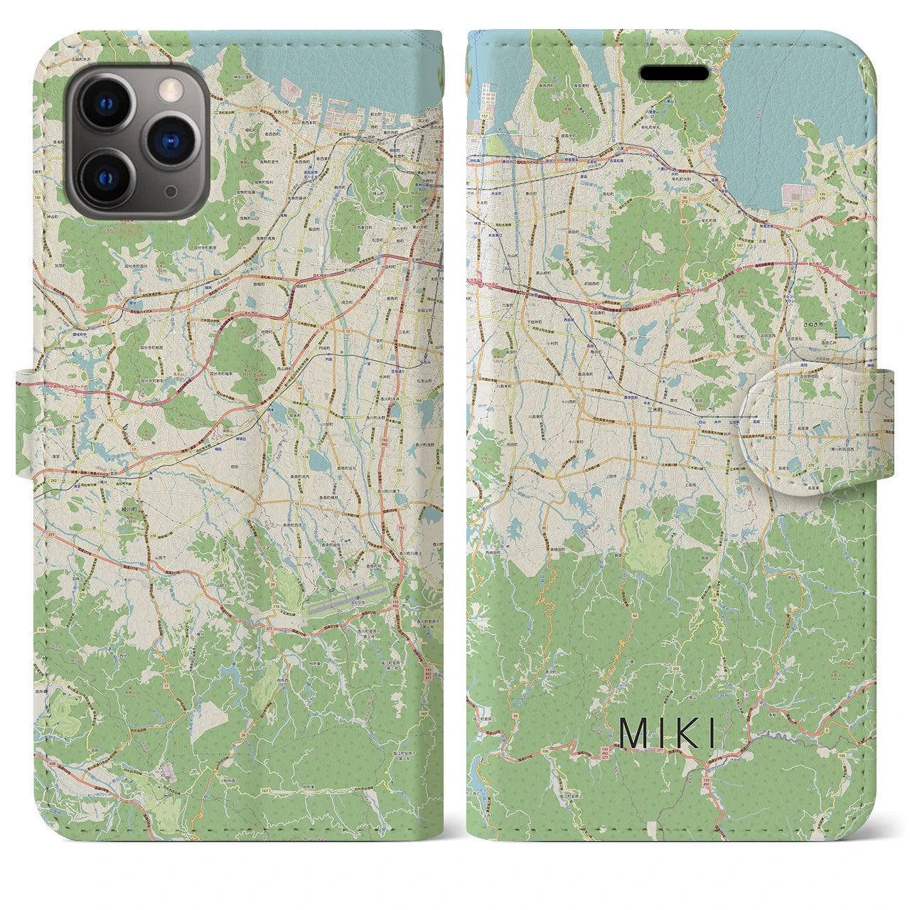 【三木(香川県)】地図柄iPhoneケース(手帳タイプ)ナチュラル・iPhone 11 Pro Max 用