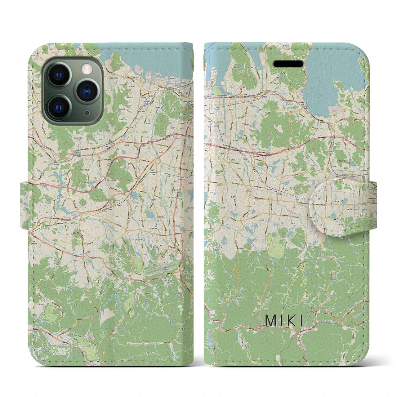 【三木(香川県)】地図柄iPhoneケース(手帳タイプ)ナチュラル・iPhone 11 Pro 用