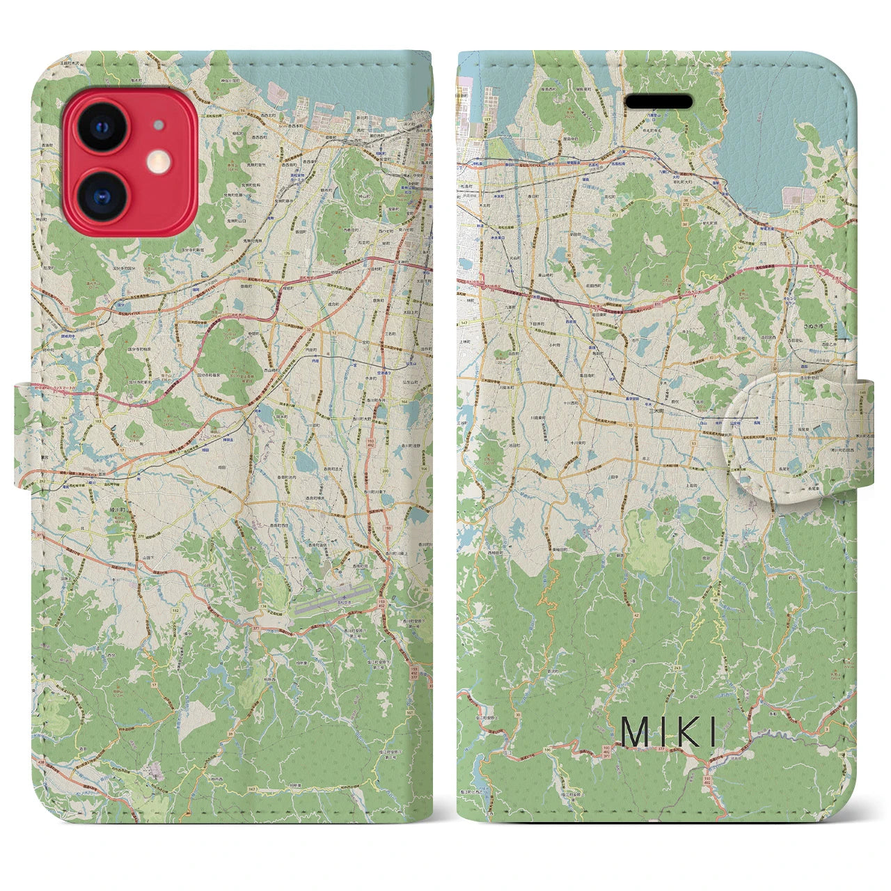 【三木(香川県)】地図柄iPhoneケース(手帳タイプ)ナチュラル・iPhone 11 用