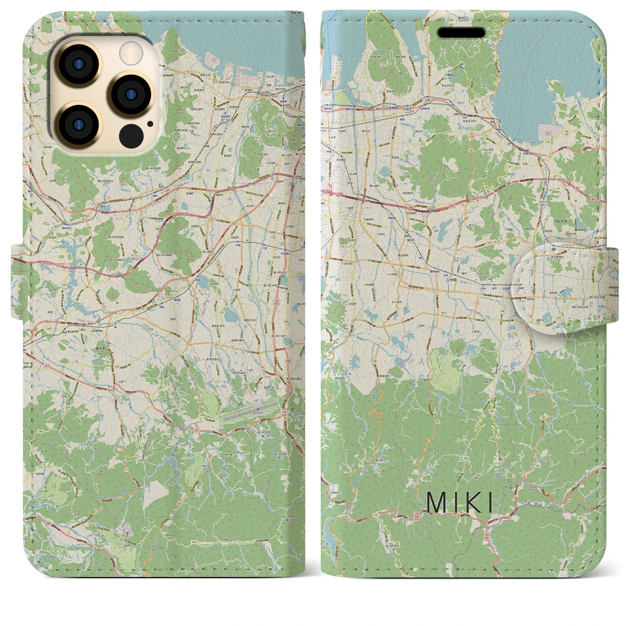 【三木(香川県)】地図柄iPhoneケース(手帳タイプ)ナチュラル・iPhone 12 Pro Max 用