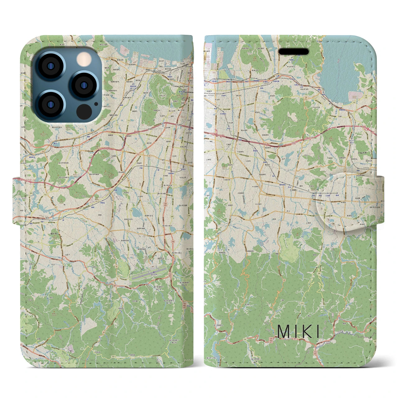 【三木(香川県)】地図柄iPhoneケース(手帳タイプ)ナチュラル・iPhone 12 / 12 Pro 用