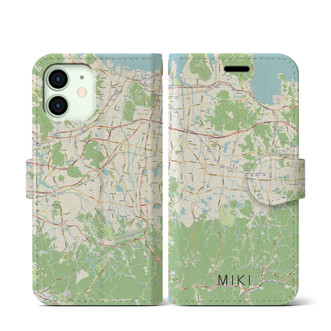 【三木(香川県)】地図柄iPhoneケース(手帳タイプ)ナチュラル・iPhone 12 mini 用
