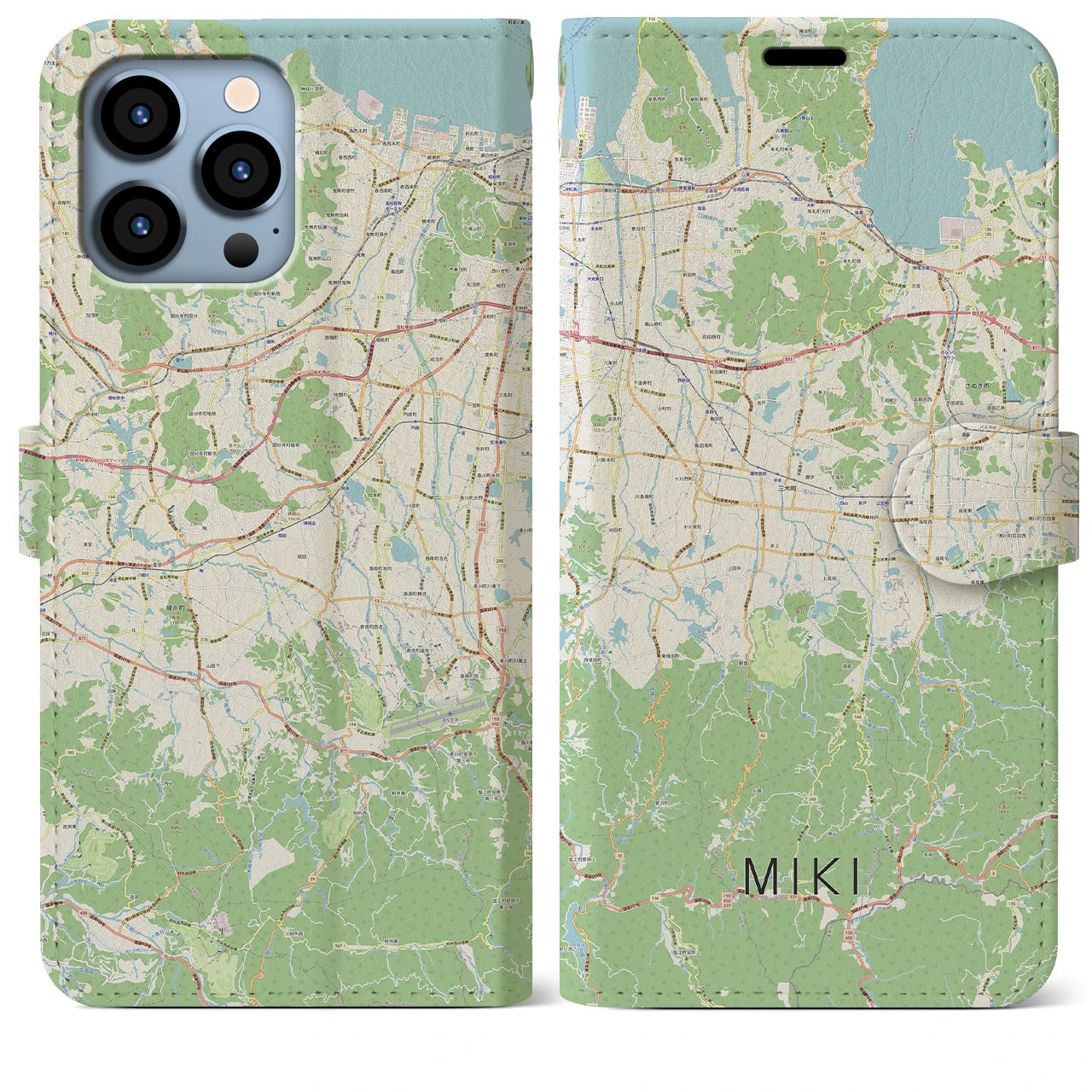 【三木(香川県)】地図柄iPhoneケース(手帳タイプ)ナチュラル・iPhone 13 Pro Max 用