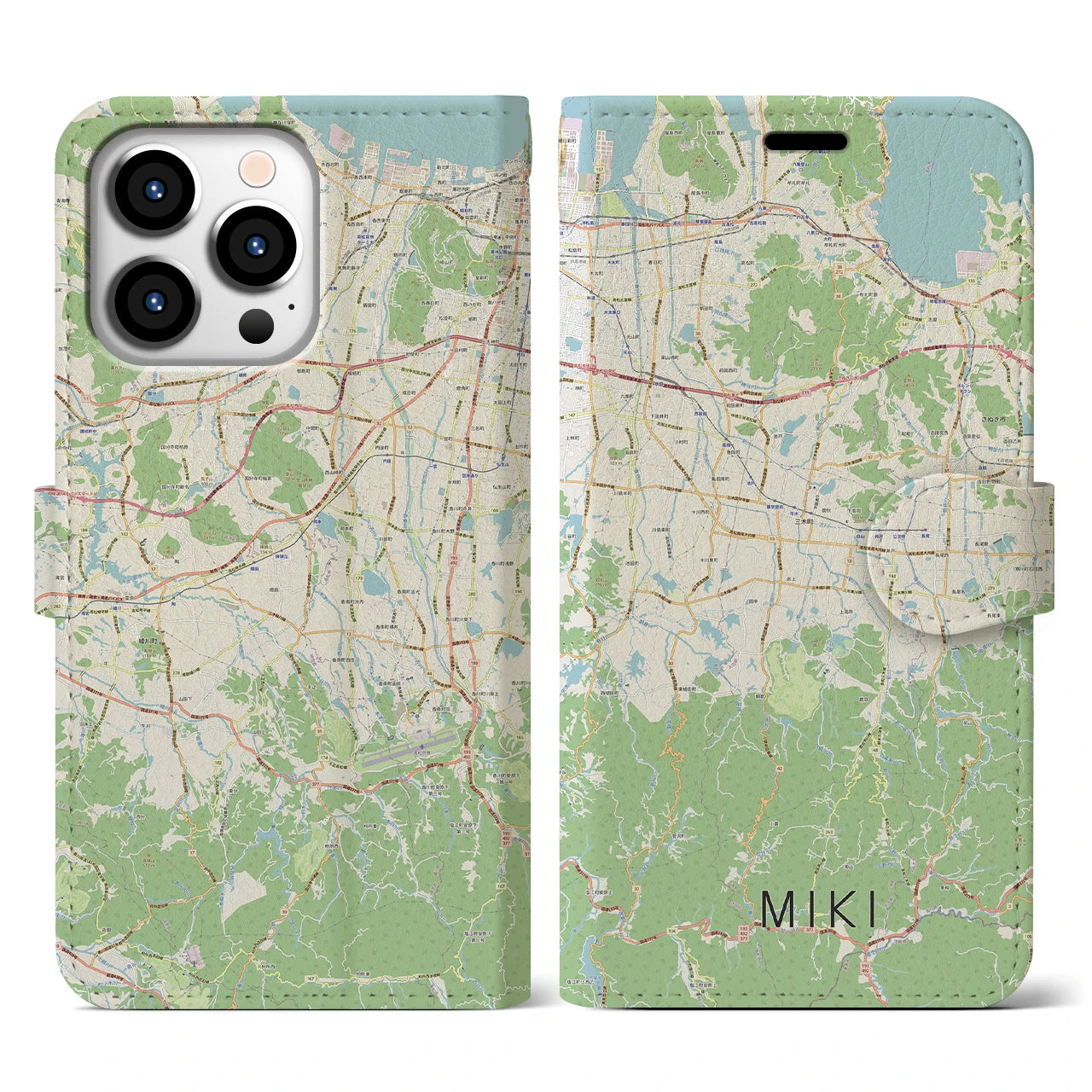 【三木(香川県)】地図柄iPhoneケース(手帳タイプ)ナチュラル・iPhone 13 Pro 用