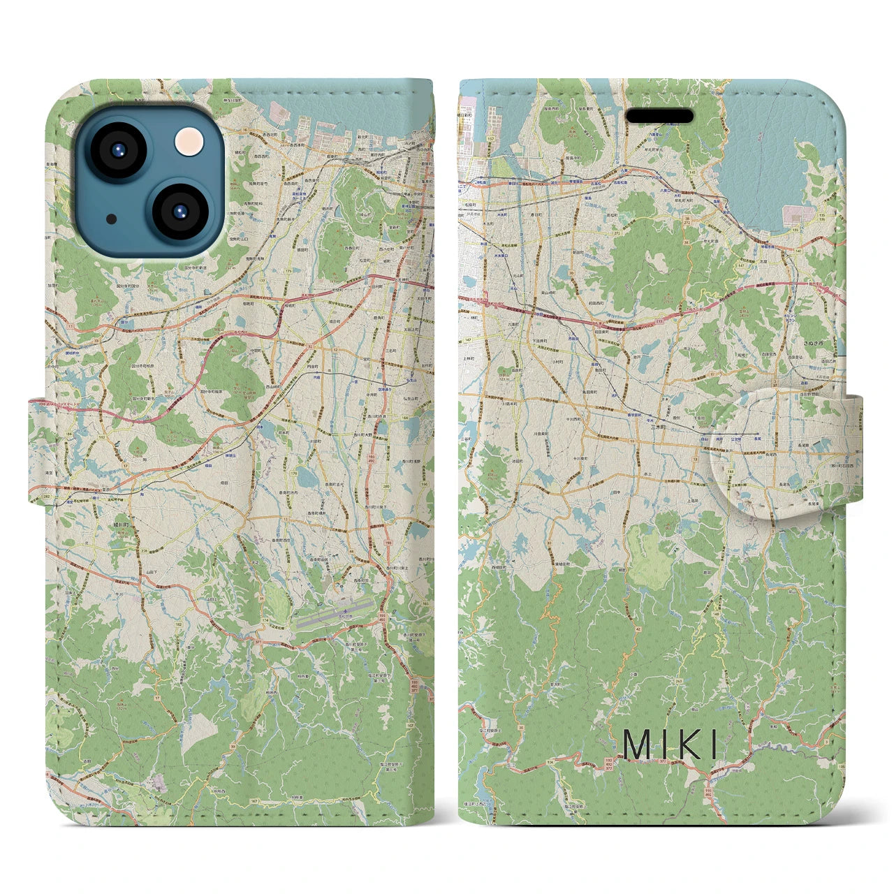 【三木(香川県)】地図柄iPhoneケース(手帳タイプ)ナチュラル・iPhone 13 用