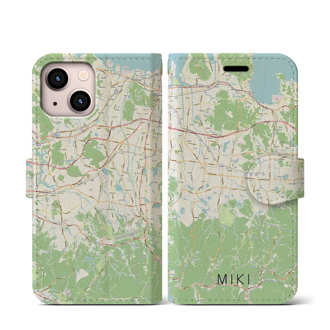【三木(香川県)】地図柄iPhoneケース(手帳タイプ)ナチュラル・iPhone 13 mini 用