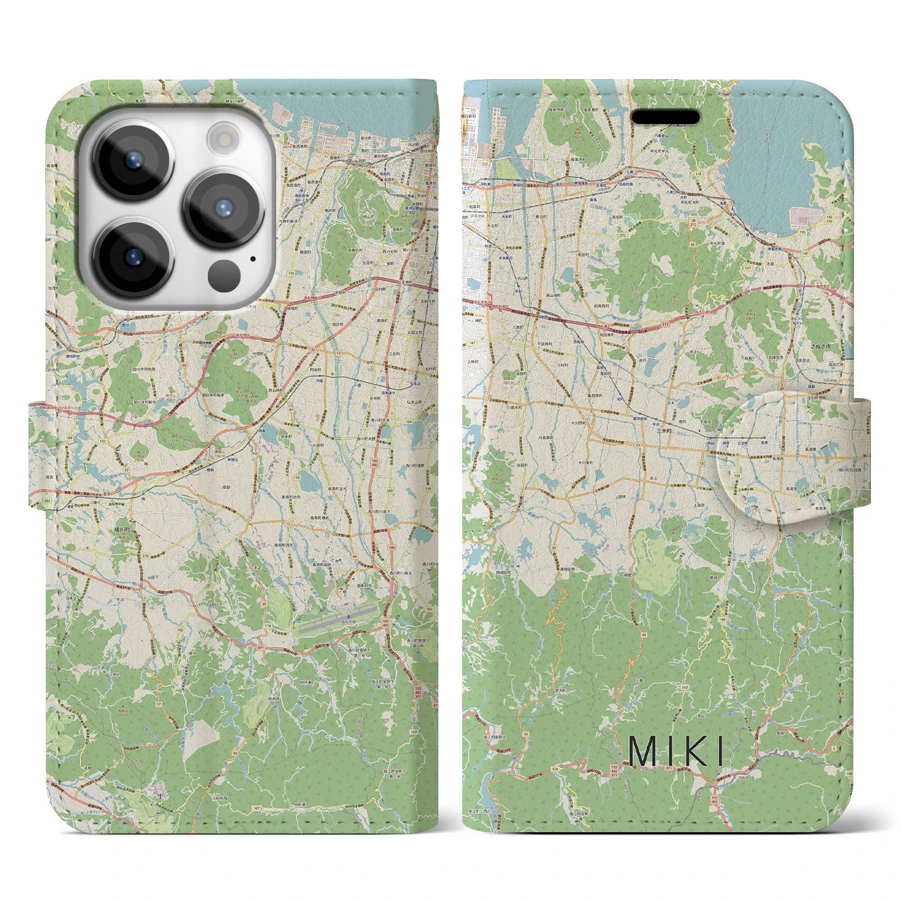 【三木(香川県)】地図柄iPhoneケース(手帳タイプ)ナチュラル・iPhone 14 Pro 用