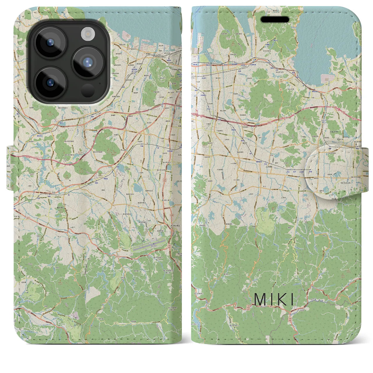 【三木(香川県)】地図柄iPhoneケース(手帳タイプ)ナチュラル・iPhone 15 Pro Max 用
