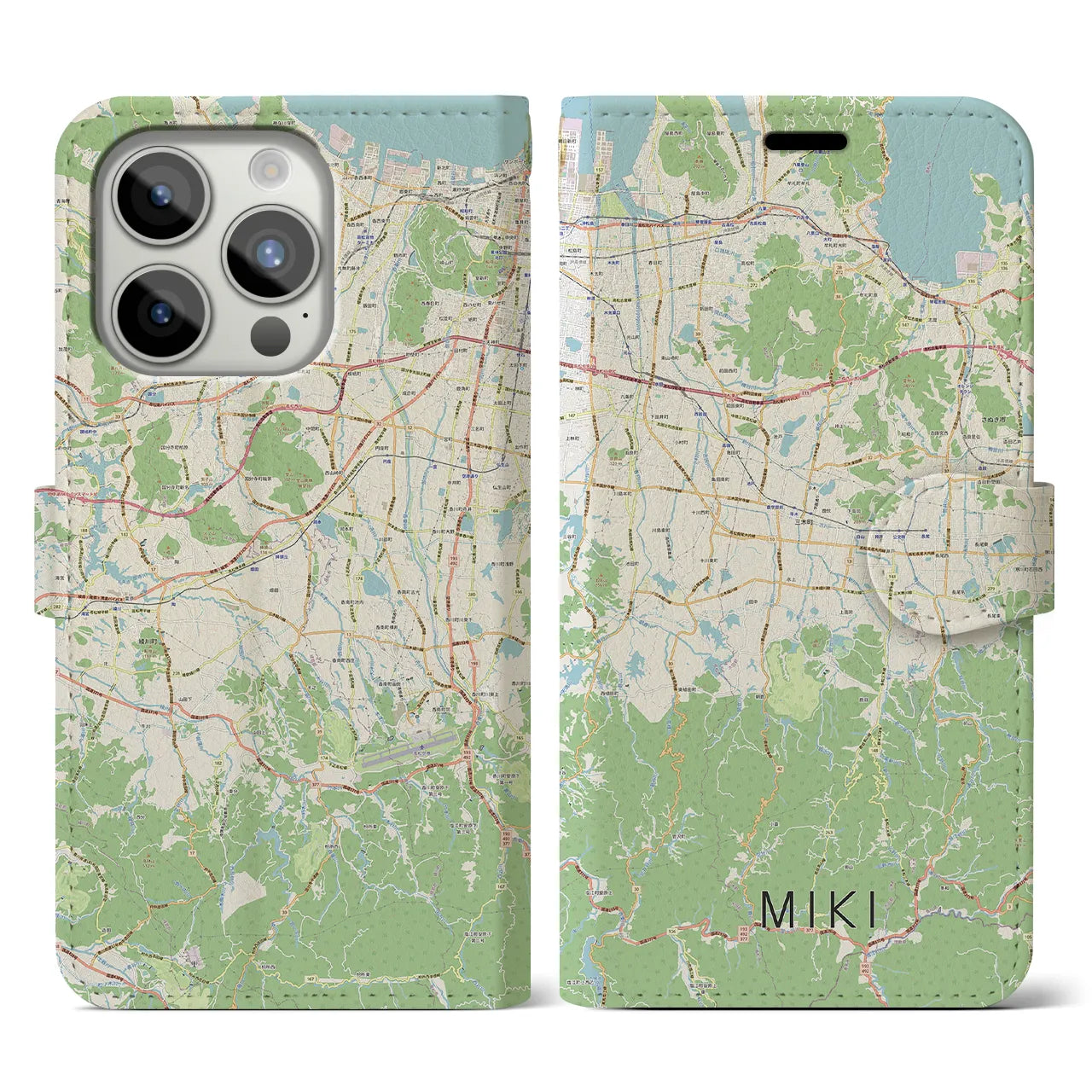 【三木(香川県)】地図柄iPhoneケース(手帳タイプ)ナチュラル・iPhone 15 Pro 用