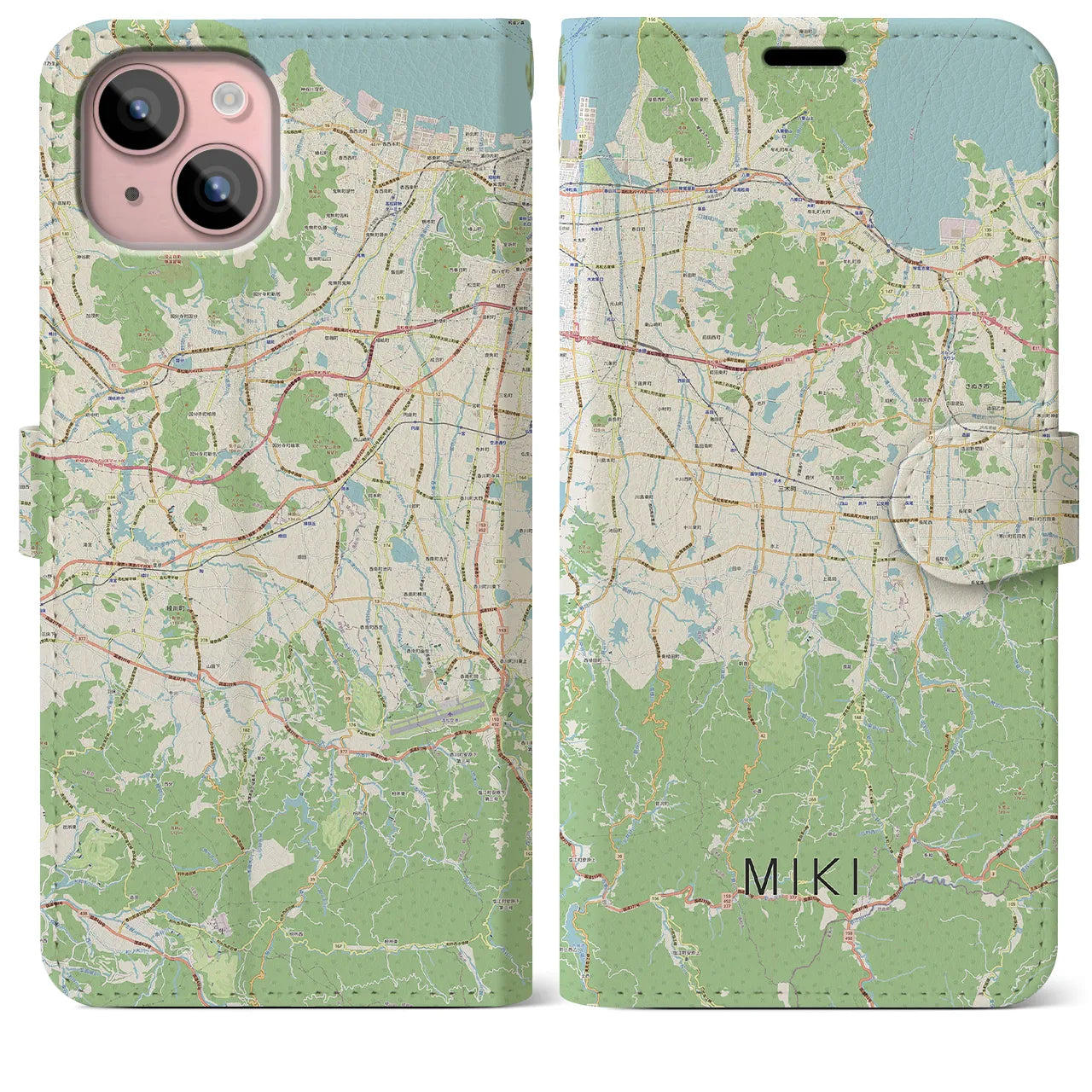【三木(香川県)】地図柄iPhoneケース(手帳タイプ)ナチュラル・iPhone 15 Plus 用