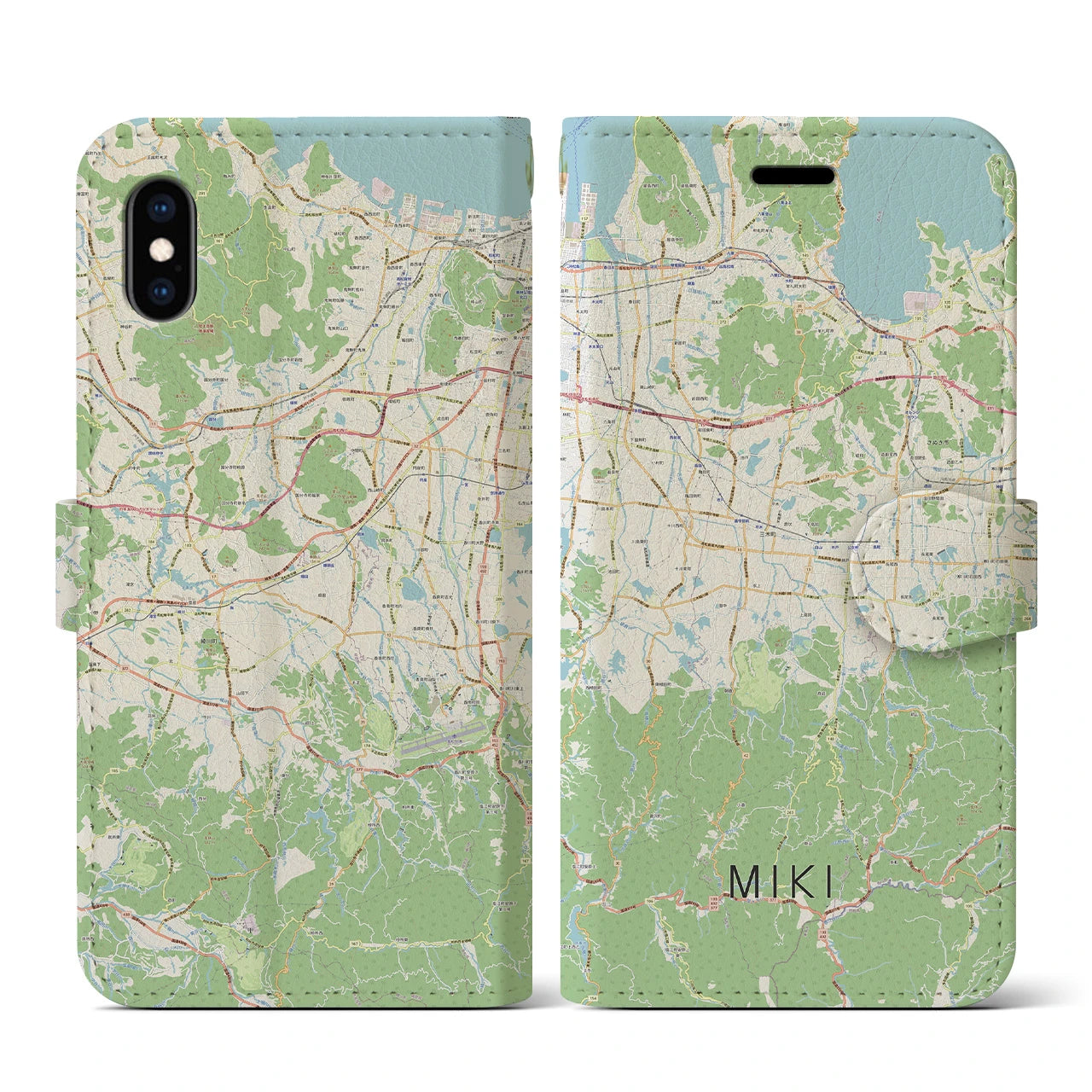 【三木(香川県)】地図柄iPhoneケース(手帳タイプ)ナチュラル・iPhone XS / X 用
