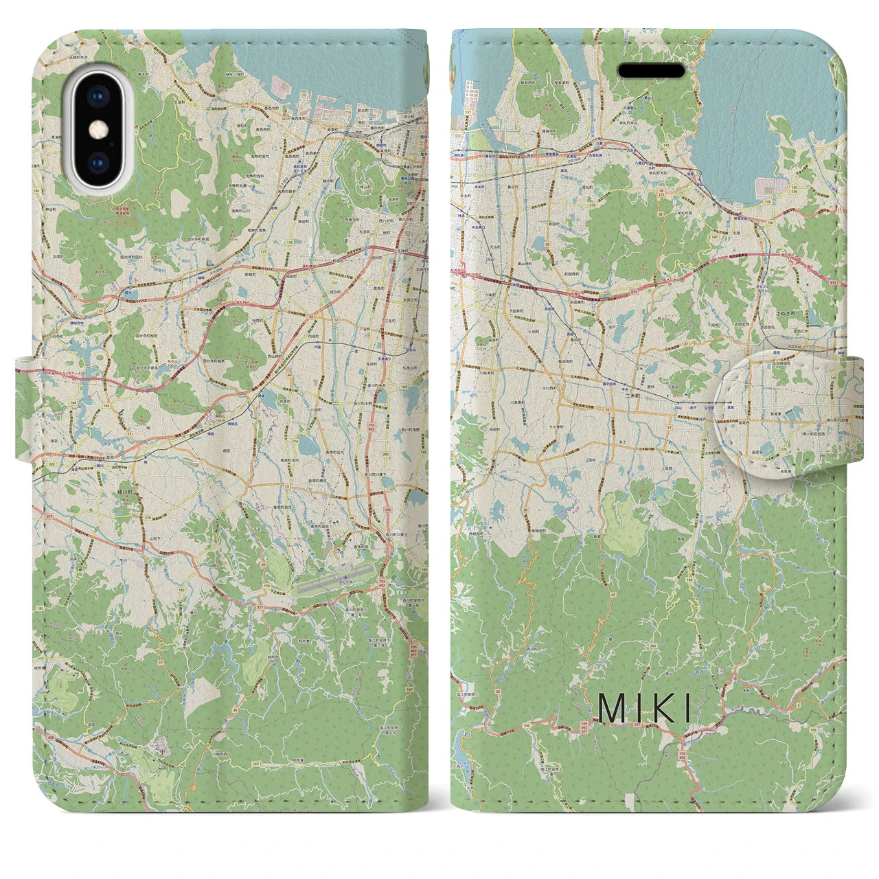 【三木(香川県)】地図柄iPhoneケース(手帳タイプ)ナチュラル・iPhone XS Max 用