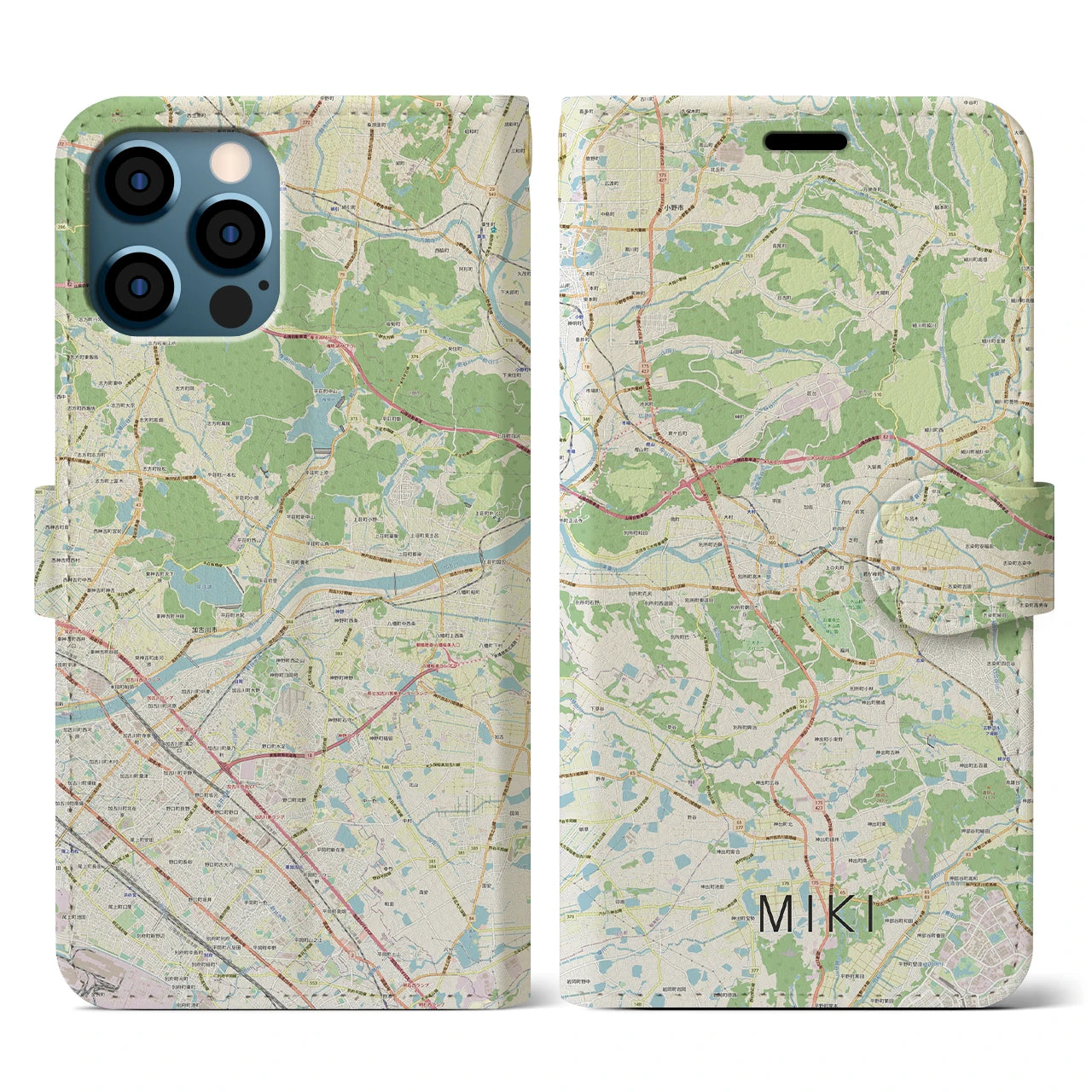 【三木(兵庫県)】地図柄iPhoneケース(手帳タイプ)ナチュラル・iPhone 12 / 12 Pro 用