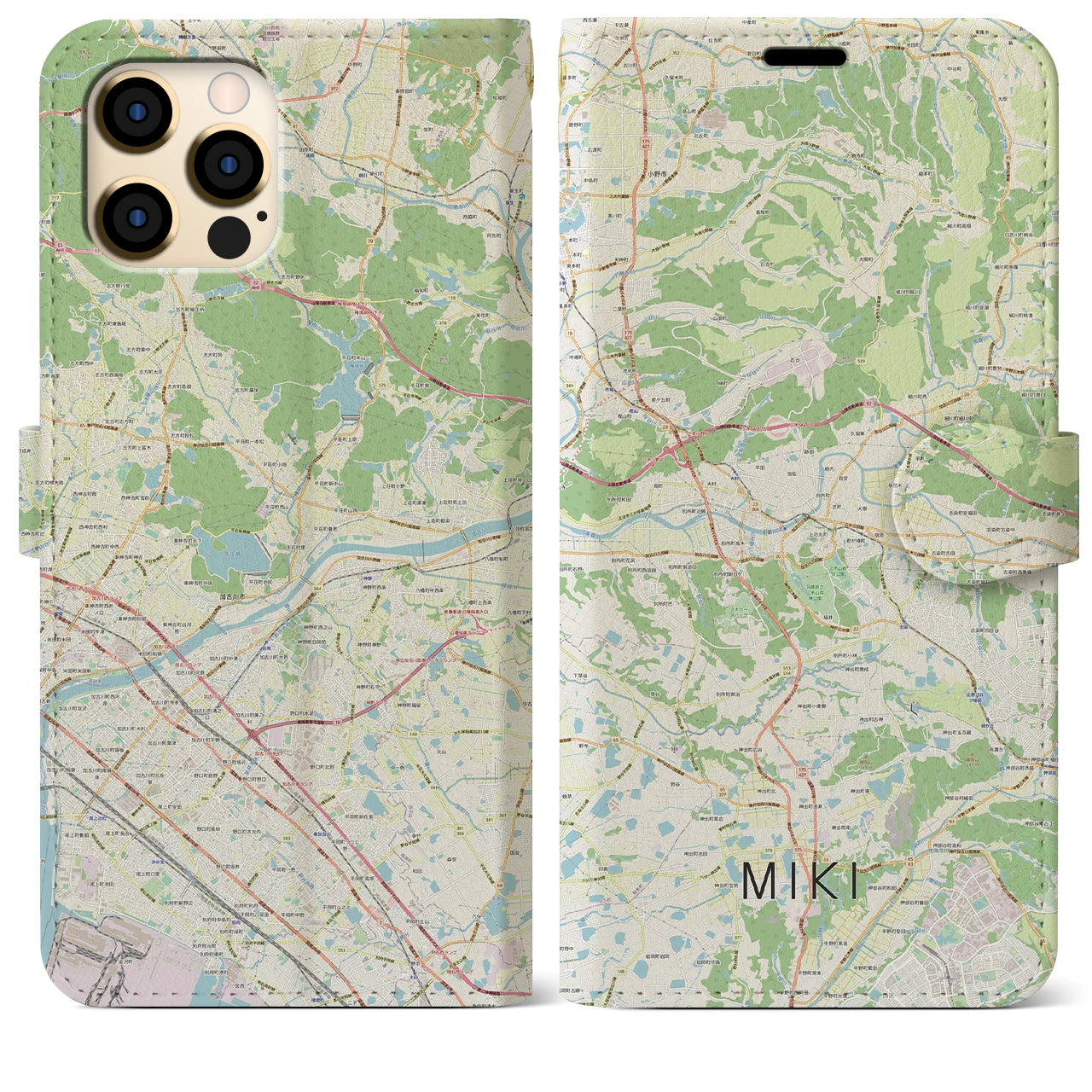 【三木(兵庫県)】地図柄iPhoneケース(手帳タイプ)ナチュラル・iPhone 12 Pro Max 用