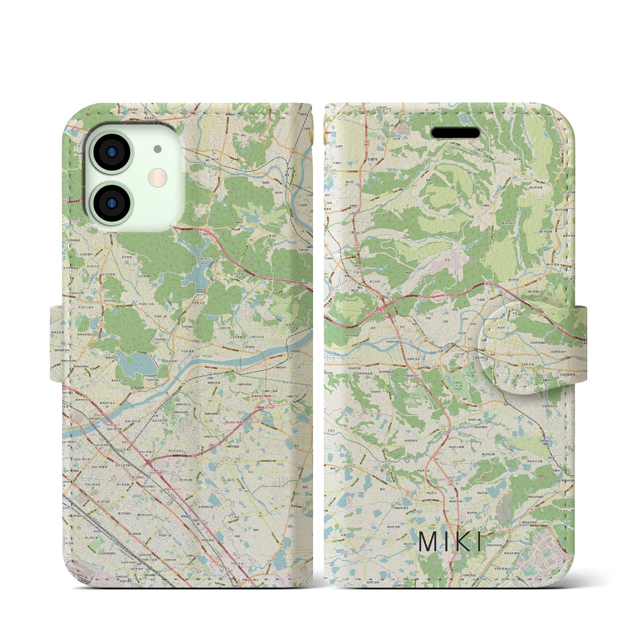【三木(兵庫県)】地図柄iPhoneケース(手帳タイプ)ナチュラル・iPhone 12 mini 用
