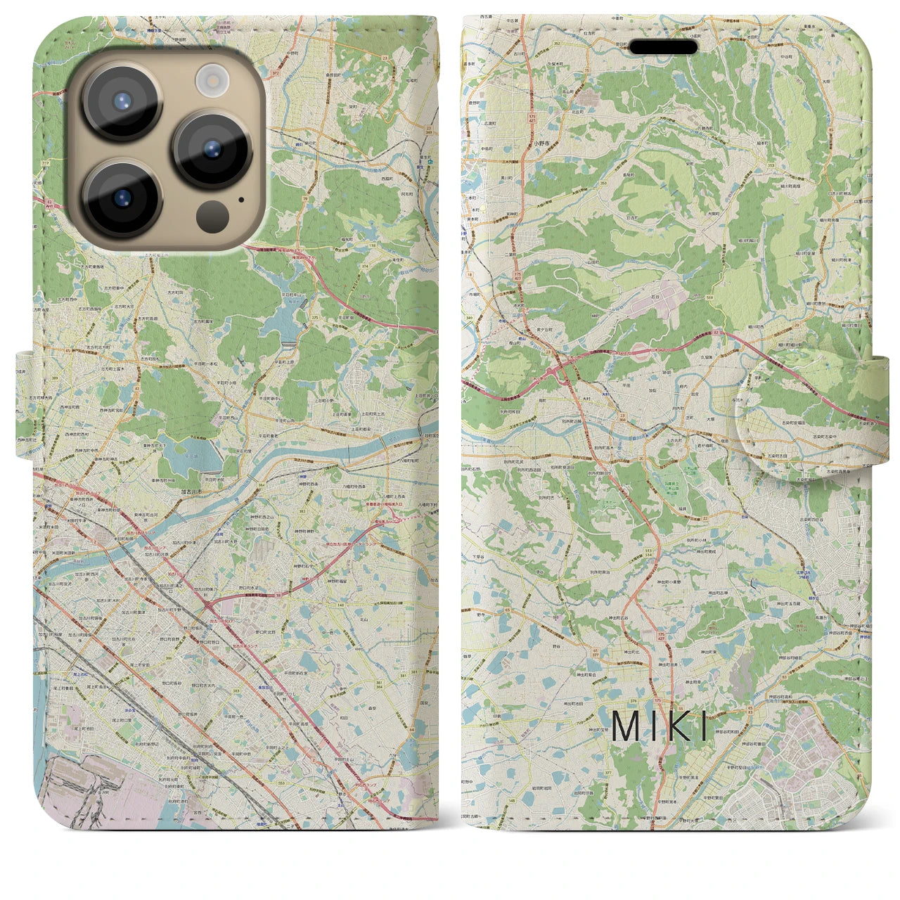 【三木(兵庫県)】地図柄iPhoneケース(手帳タイプ)ナチュラル・iPhone 14 Pro Max 用