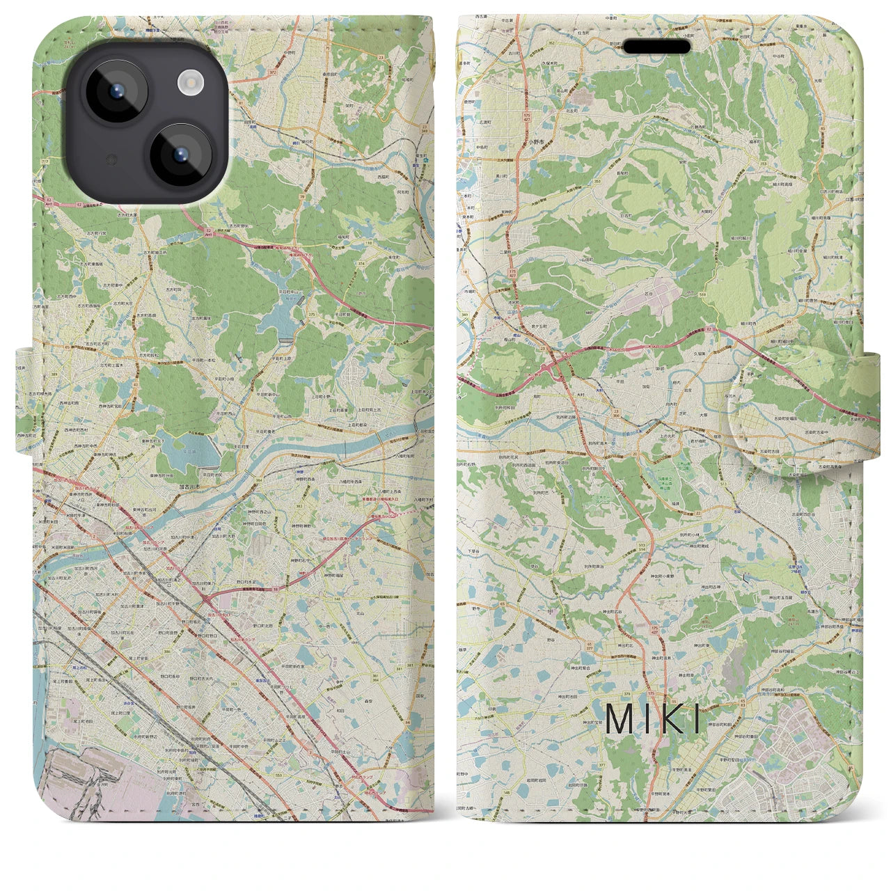 【三木(兵庫県)】地図柄iPhoneケース(手帳タイプ)ナチュラル・iPhone 14 Plus 用