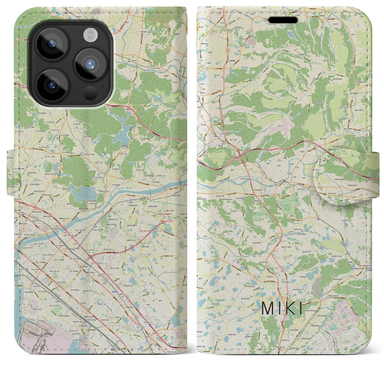 【三木(兵庫県)】地図柄iPhoneケース(手帳タイプ)ナチュラル・iPhone 15 Pro Max 用
