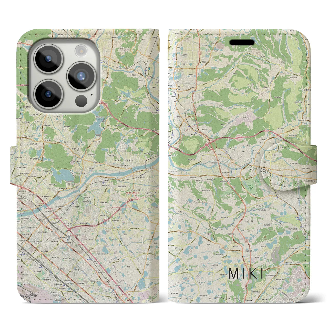 【三木(兵庫県)】地図柄iPhoneケース(手帳タイプ)ナチュラル・iPhone 15 Pro 用