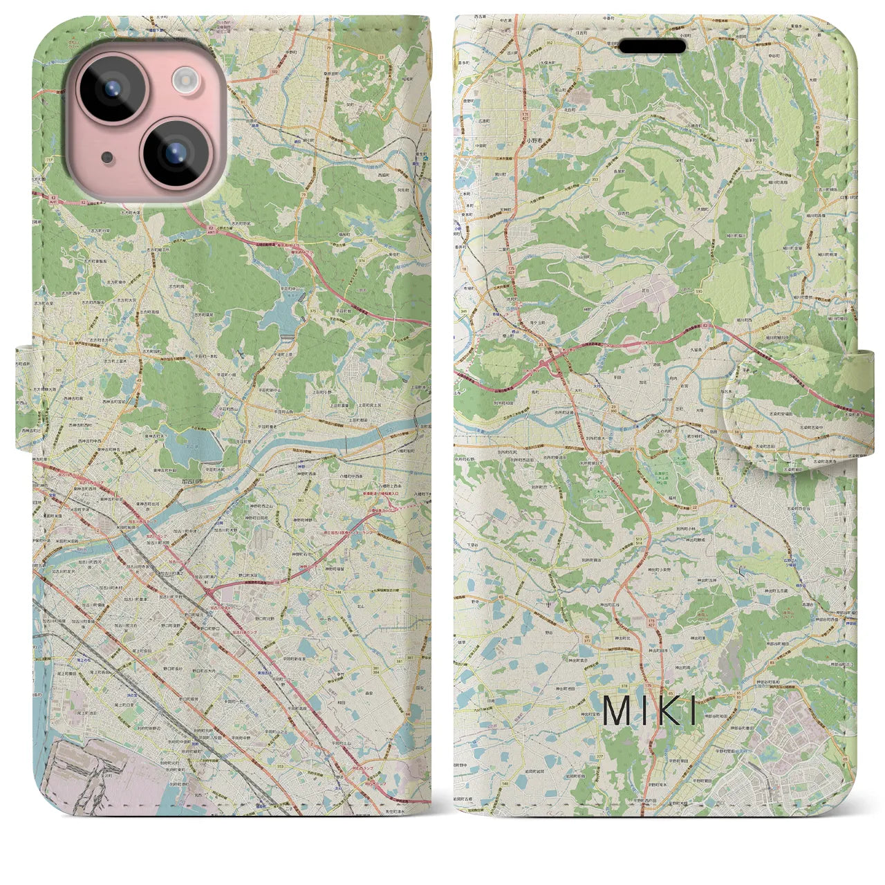 【三木(兵庫県)】地図柄iPhoneケース(手帳タイプ)ナチュラル・iPhone 15 Plus 用