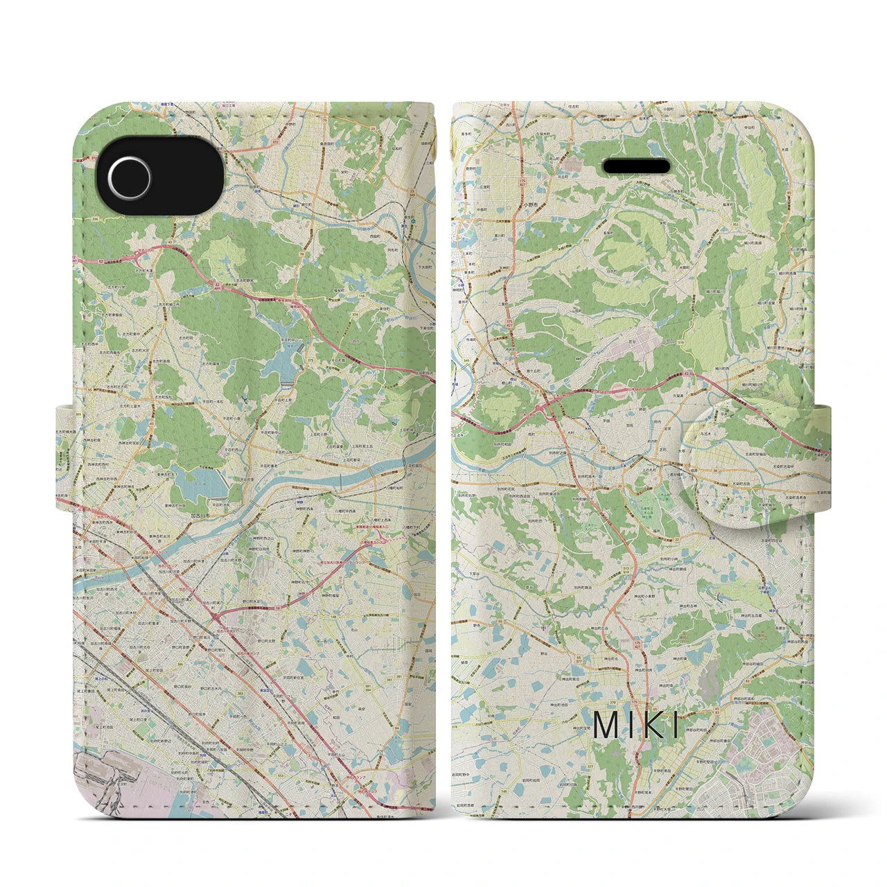 【三木(兵庫県)】地図柄iPhoneケース(手帳タイプ)ナチュラル・iPhone SE(第3 / 第2世代) / 8 / 7 / 6s / 6 用