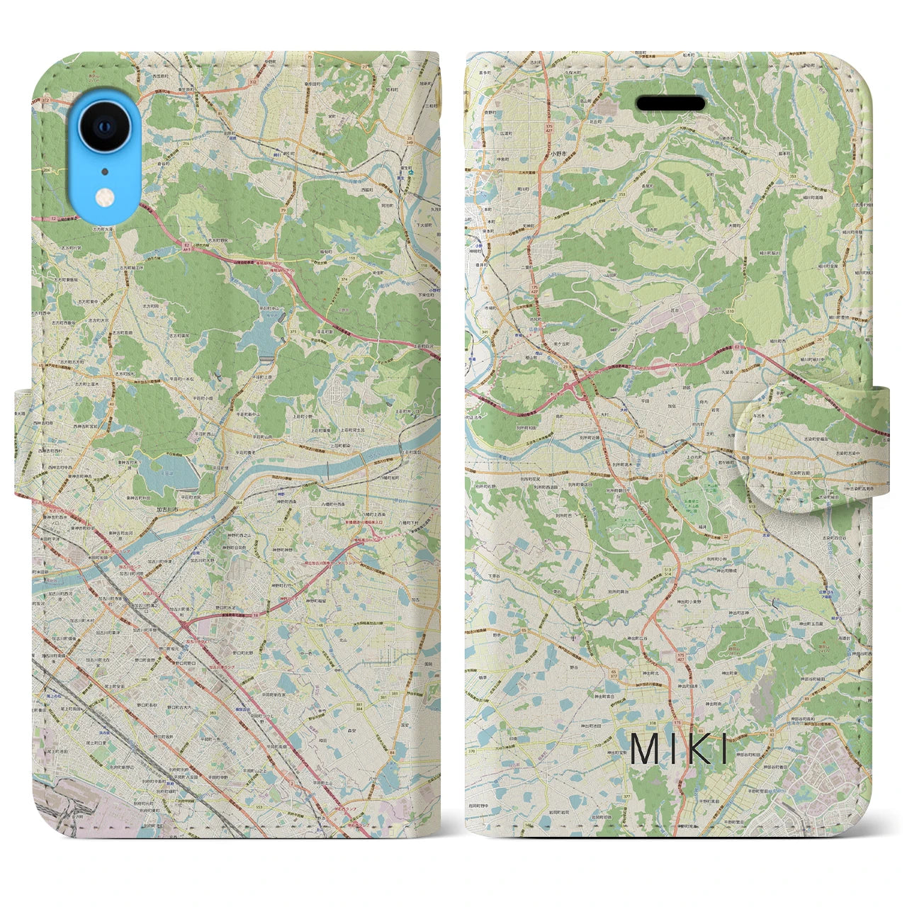 【三木(兵庫県)】地図柄iPhoneケース(手帳タイプ)ナチュラル・iPhone XR 用