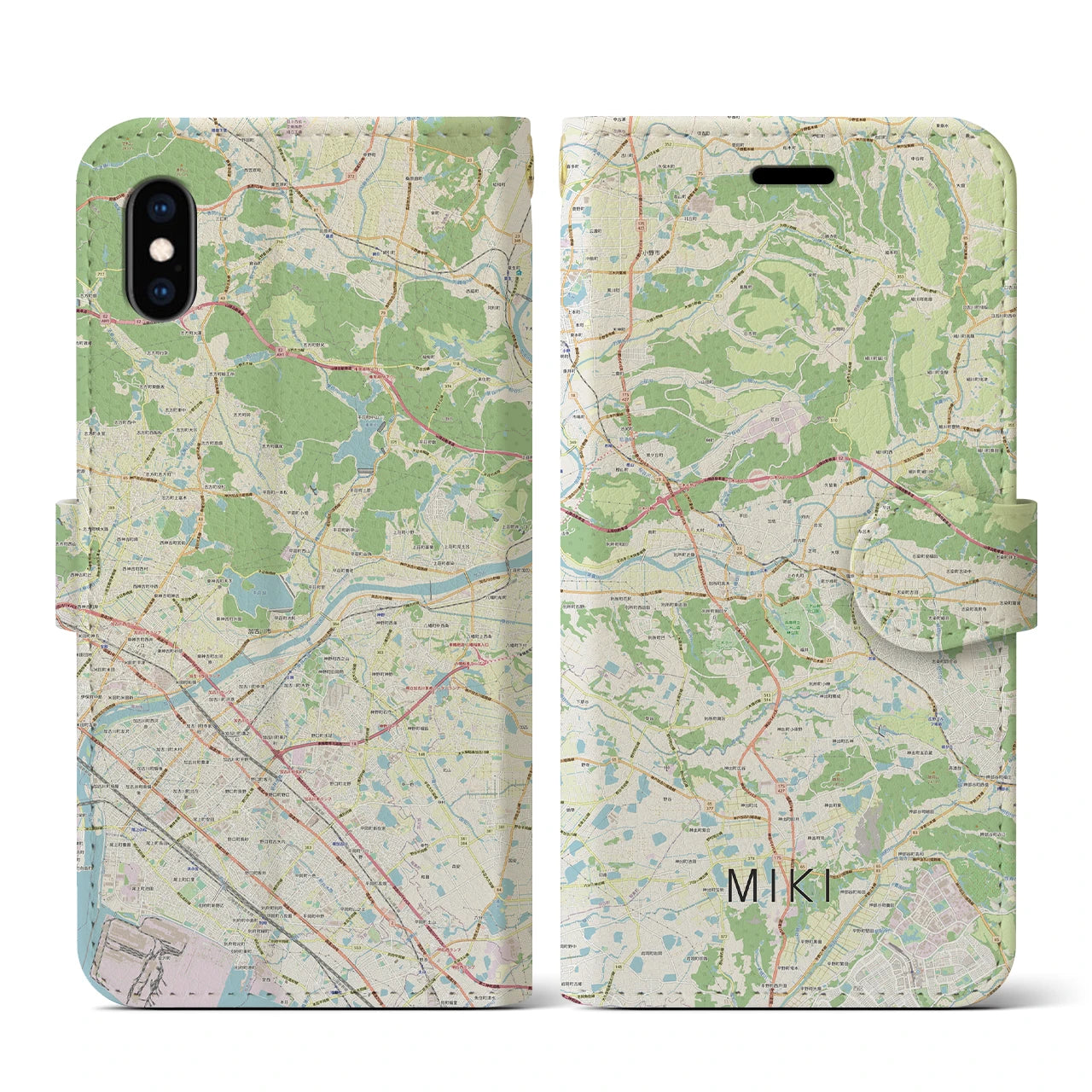【三木(兵庫県)】地図柄iPhoneケース(手帳タイプ)ナチュラル・iPhone XS / X 用