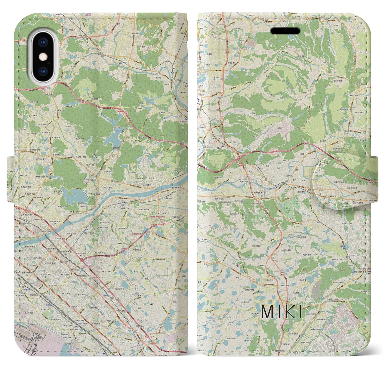 【三木(兵庫県)】地図柄iPhoneケース(手帳タイプ)ナチュラル・iPhone XS Max 用