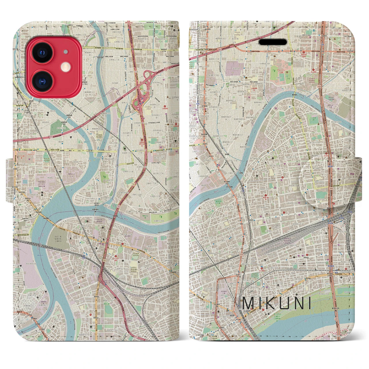【三国(大阪府)】地図柄iPhoneケース(手帳タイプ)ナチュラル・iPhone 11 用