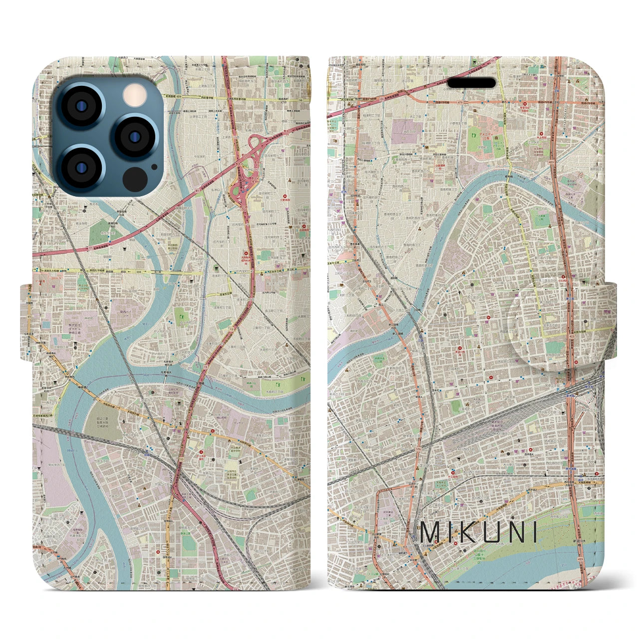 【三国(大阪府)】地図柄iPhoneケース(手帳タイプ)ナチュラル・iPhone 12 / 12 Pro 用