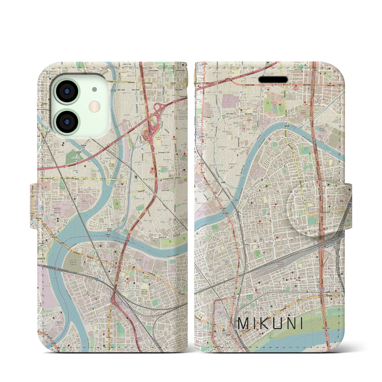 【三国(大阪府)】地図柄iPhoneケース(手帳タイプ)ナチュラル・iPhone 12 mini 用