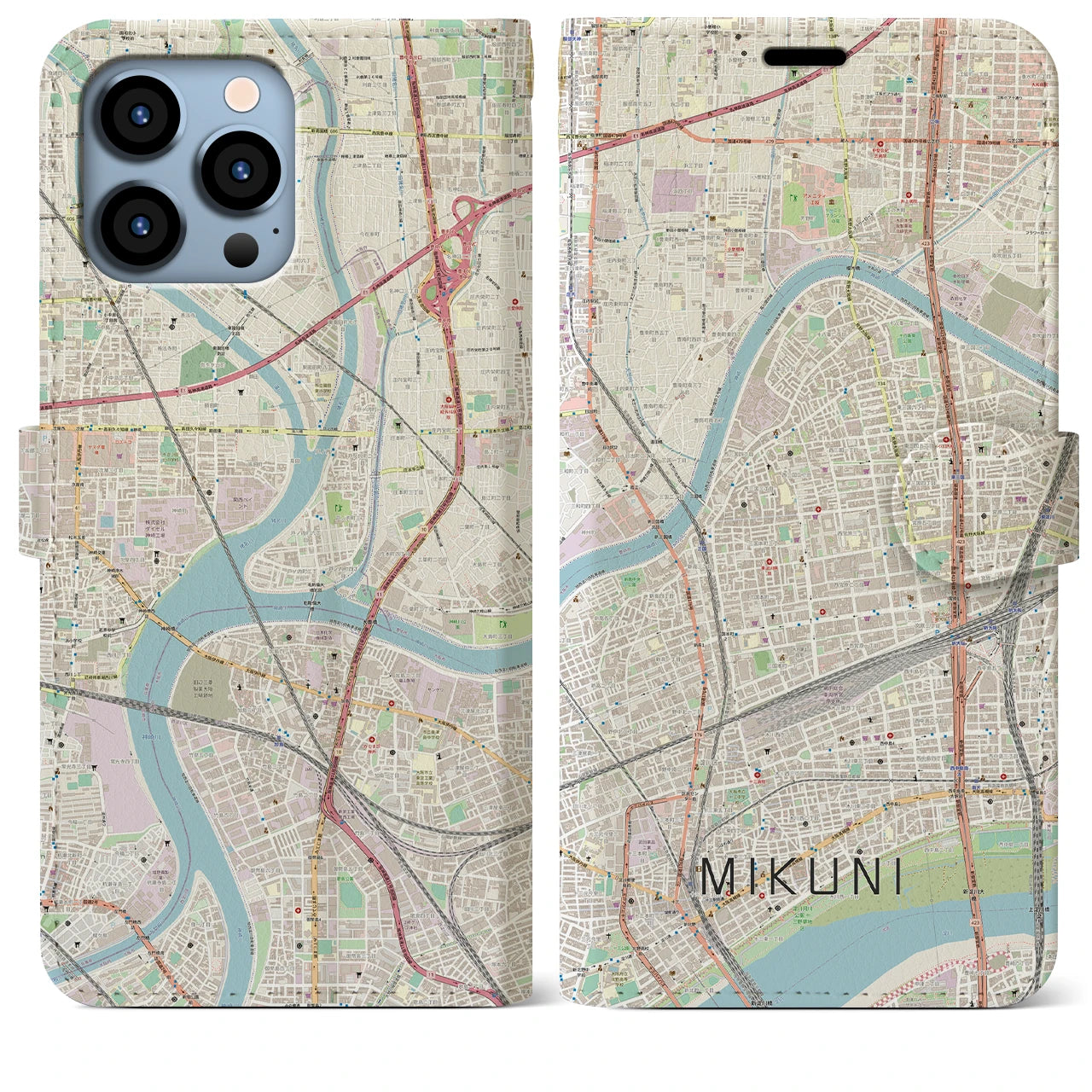 【三国(大阪府)】地図柄iPhoneケース(手帳タイプ)ナチュラル・iPhone 13 Pro Max 用