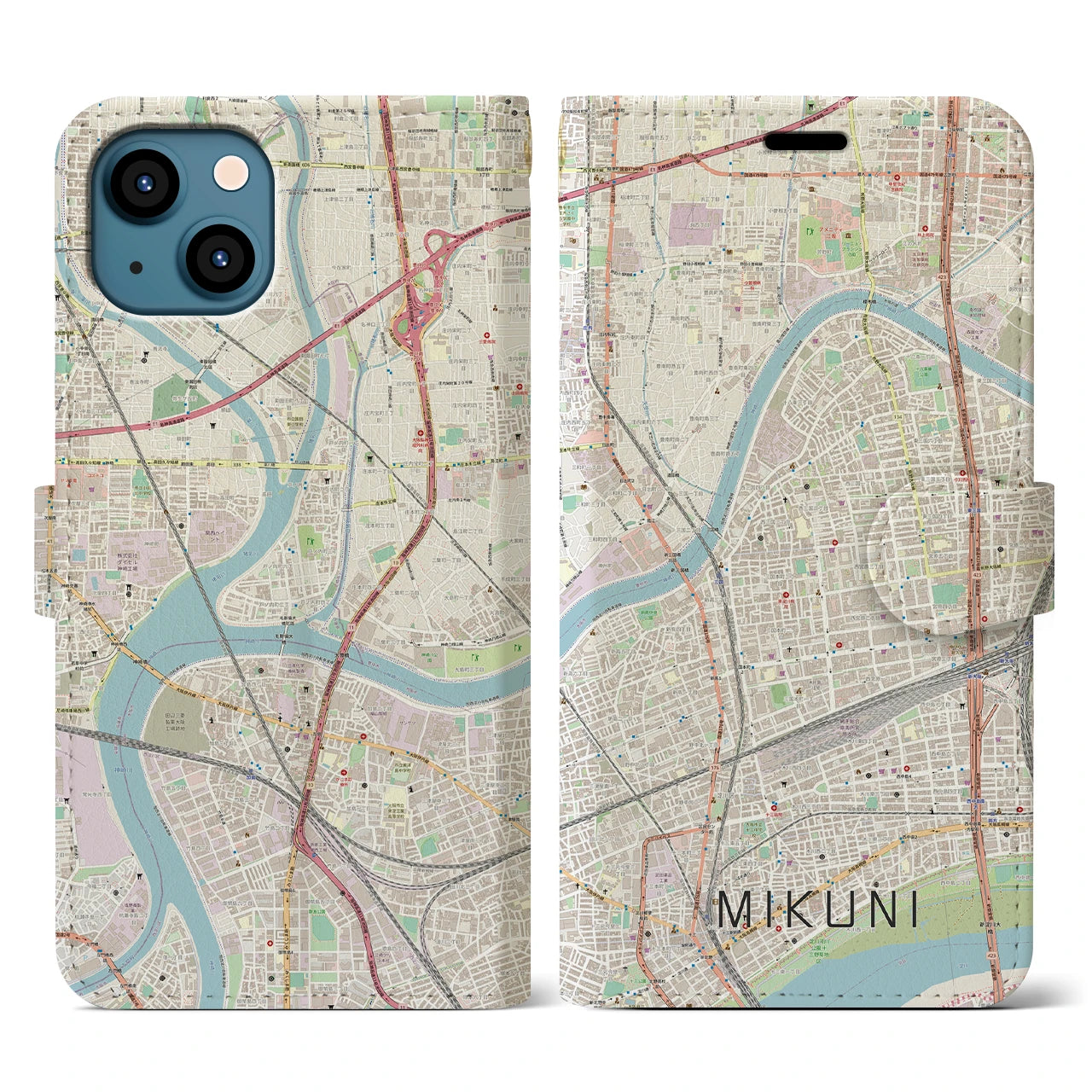 【三国(大阪府)】地図柄iPhoneケース(手帳タイプ)ナチュラル・iPhone 13 用
