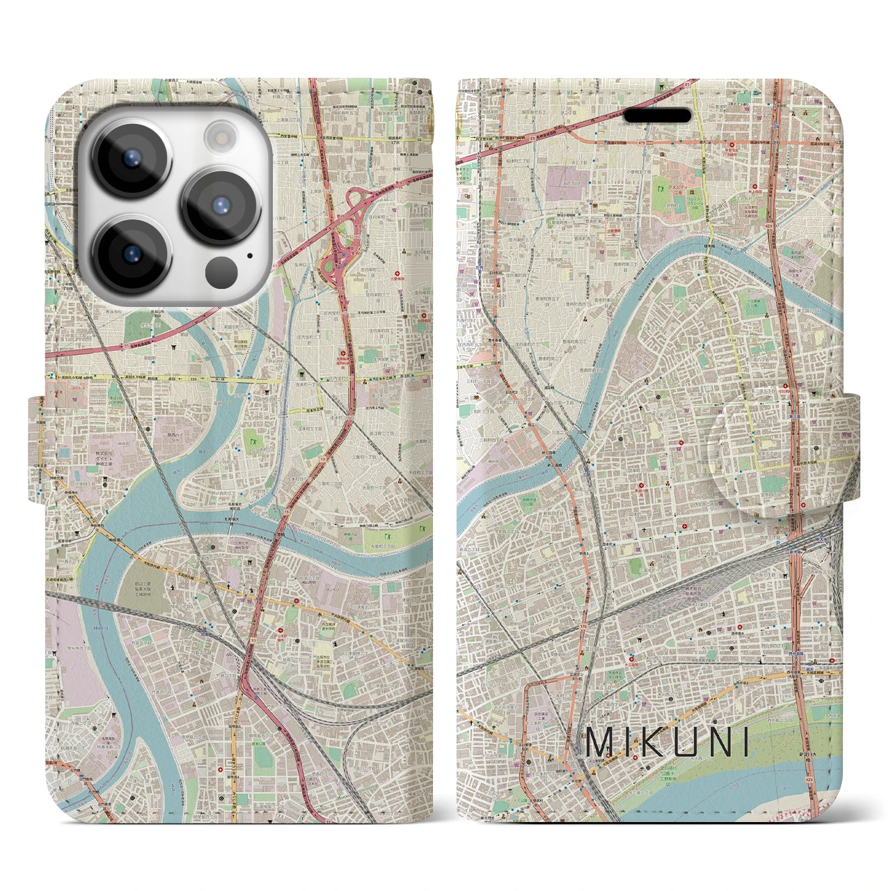 【三国(大阪府)】地図柄iPhoneケース(手帳タイプ)ナチュラル・iPhone 14 Pro 用