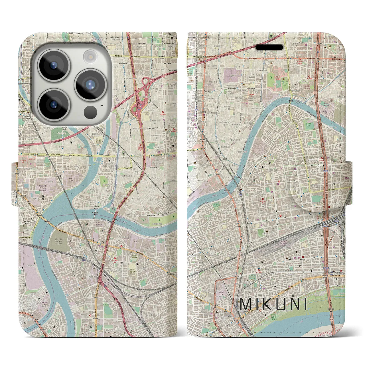 【三国(大阪府)】地図柄iPhoneケース(手帳タイプ)ナチュラル・iPhone 15 Pro 用