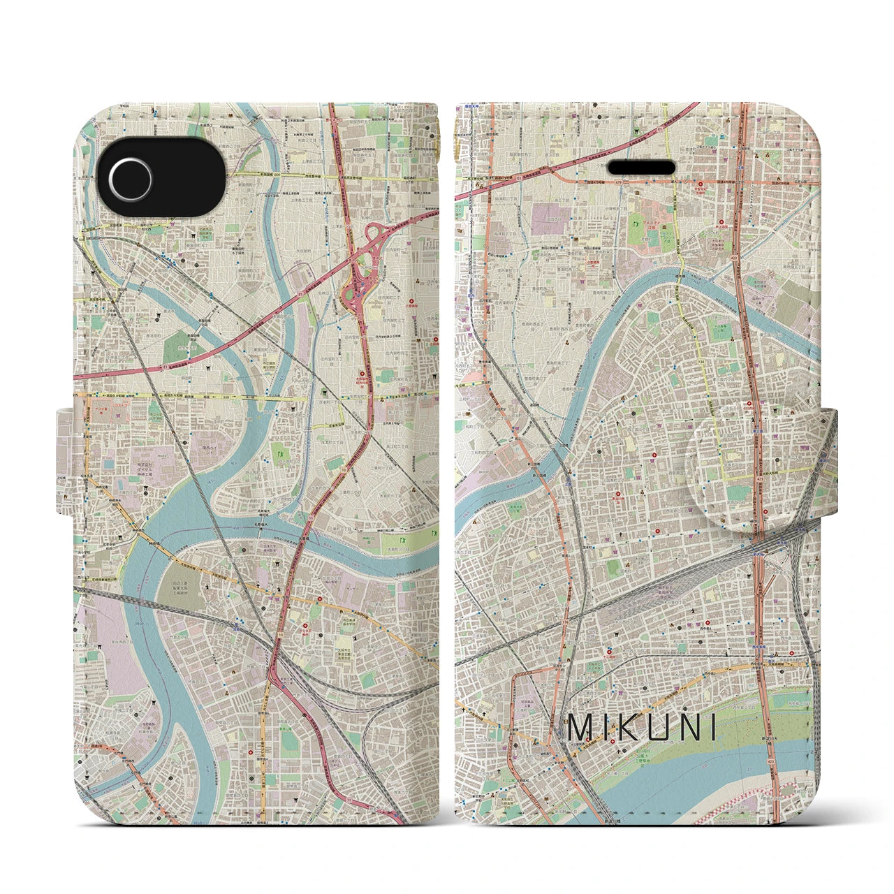 【三国(大阪府)】地図柄iPhoneケース(手帳タイプ)ナチュラル・iPhone SE(第3 / 第2世代) / 8 / 7 / 6s / 6 用