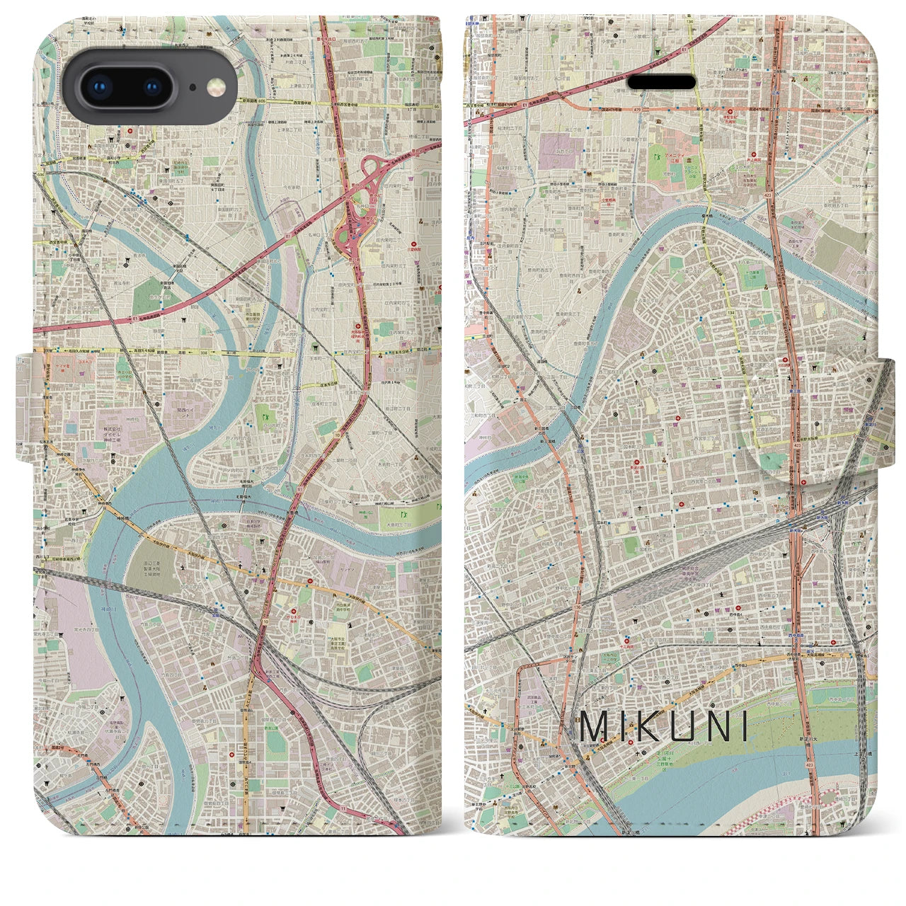 【三国(大阪府)】地図柄iPhoneケース(手帳タイプ)ナチュラル・iPhone 8Plus /7Plus / 6sPlus / 6Plus 用