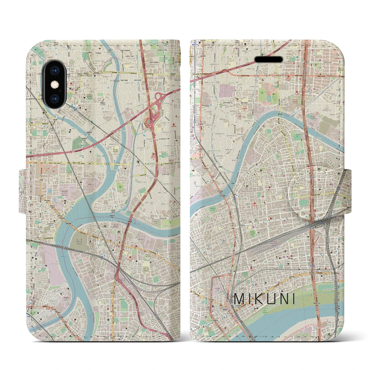 【三国(大阪府)】地図柄iPhoneケース(手帳タイプ)ナチュラル・iPhone XS / X 用