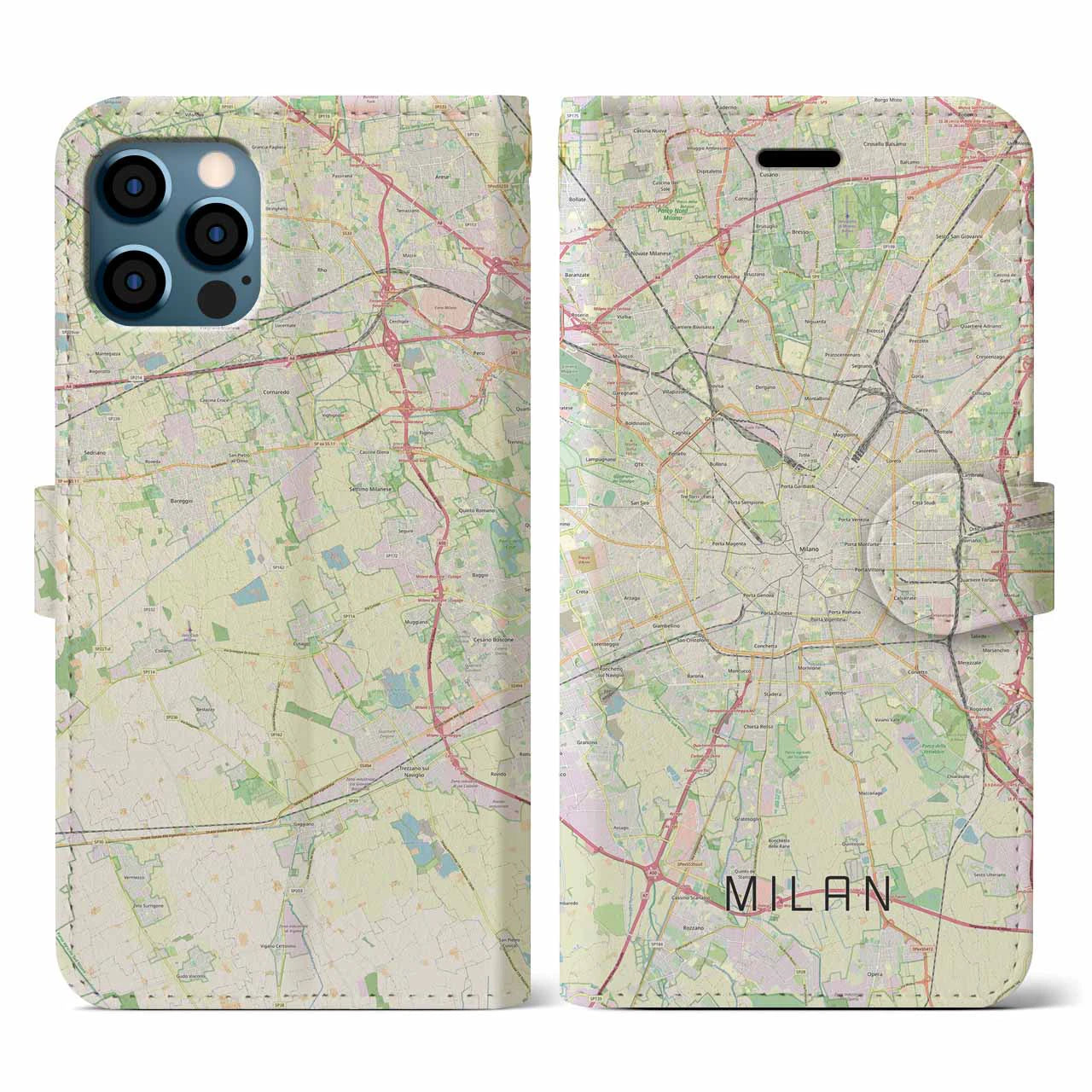 【ミラノ(イタリア)】地図柄iPhoneケース(手帳タイプ)ナチュラル・iPhone 12 / 12 Pro 用