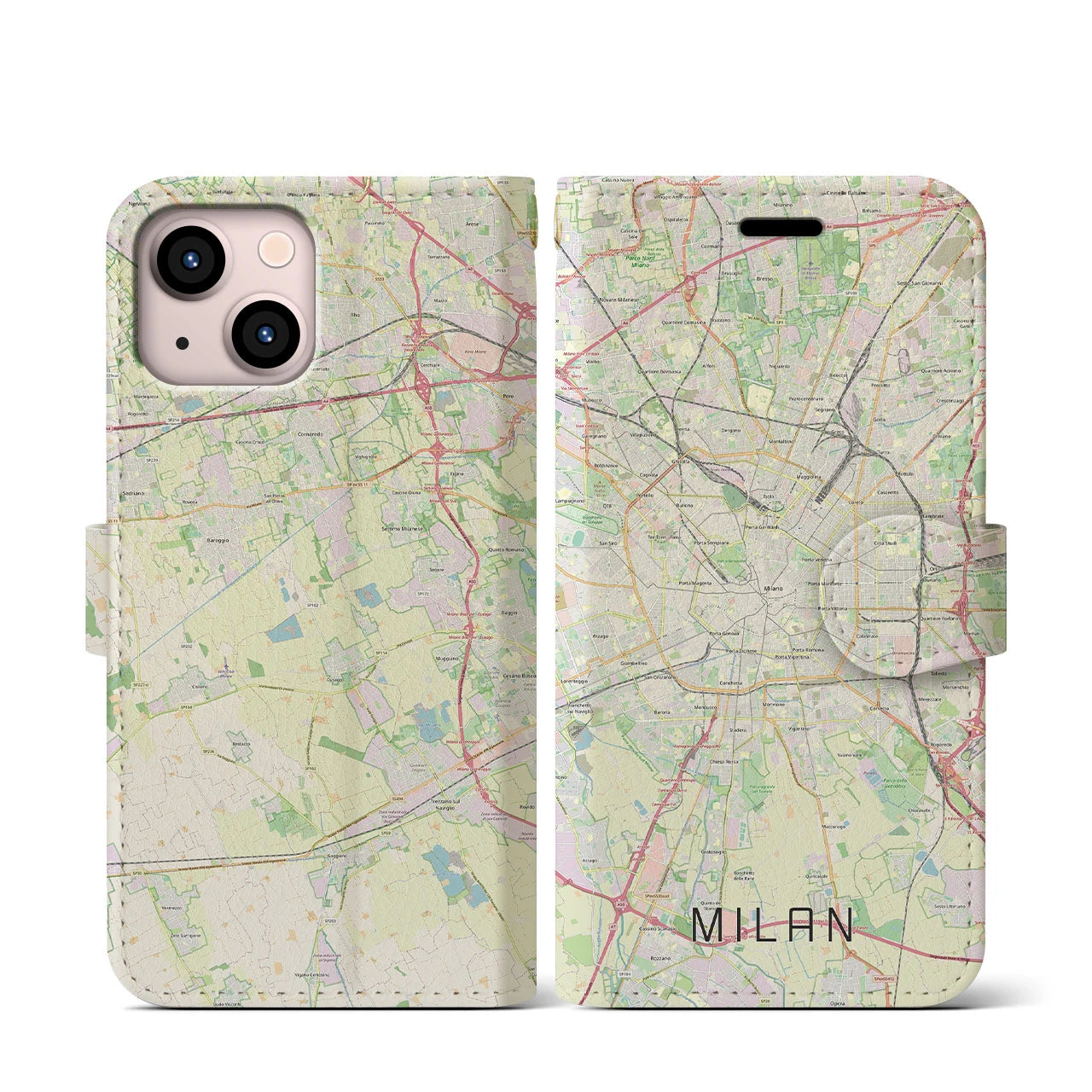 【ミラノ(イタリア)】地図柄iPhoneケース(手帳タイプ)ナチュラル・iPhone 13 mini 用